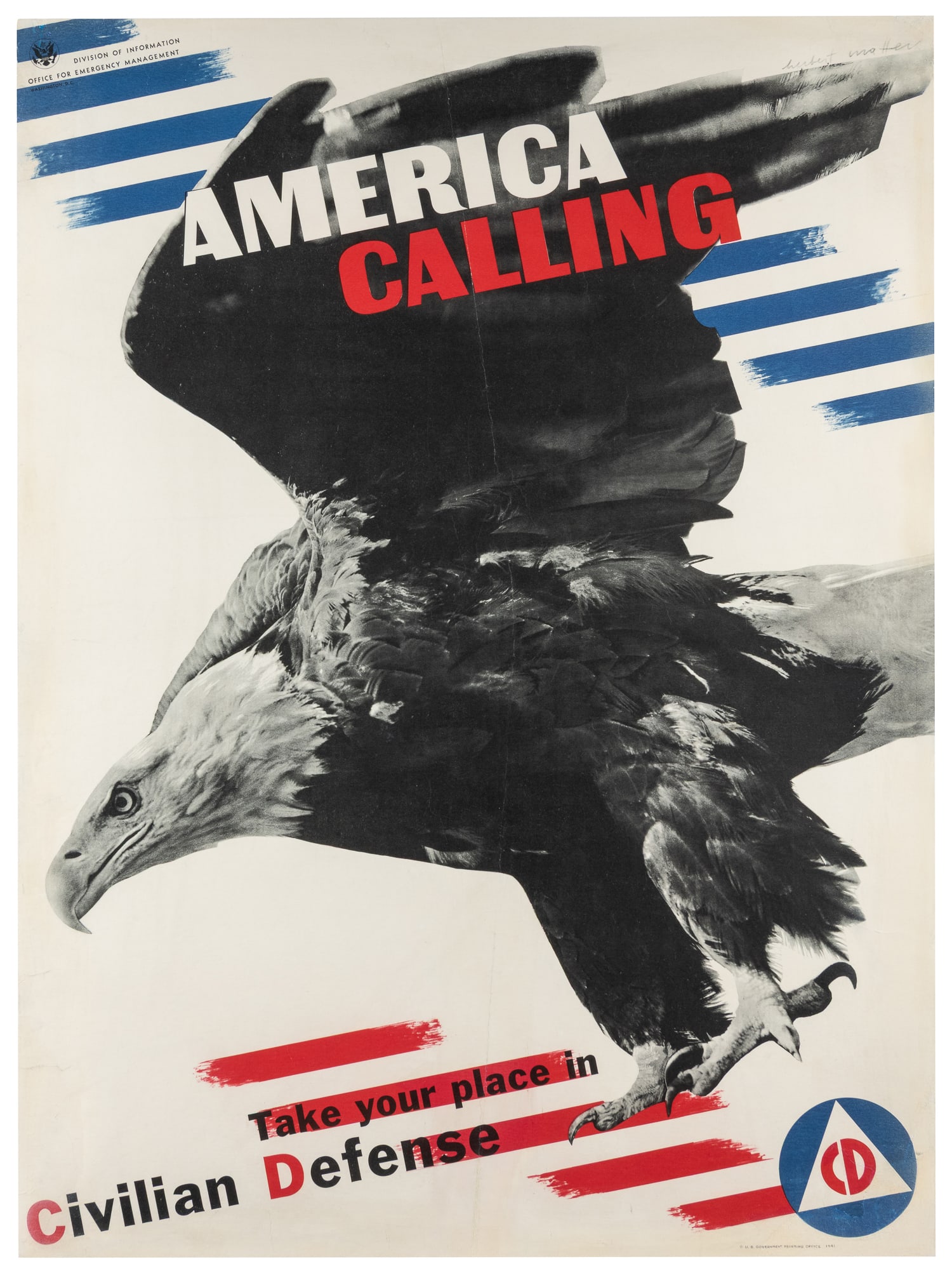 MATTER, Herbert (1907 - 1984). America Calling / Civilian Defense. 1941.: MATTER, Herbert (1907 - 1984). America Calling / Civilian Defense. 1941. Washington: Government Printing Office. Offset lithograph recruitment poster. MoMA 118.1944. Linen backed. 40 1/4 x 29 3/4".