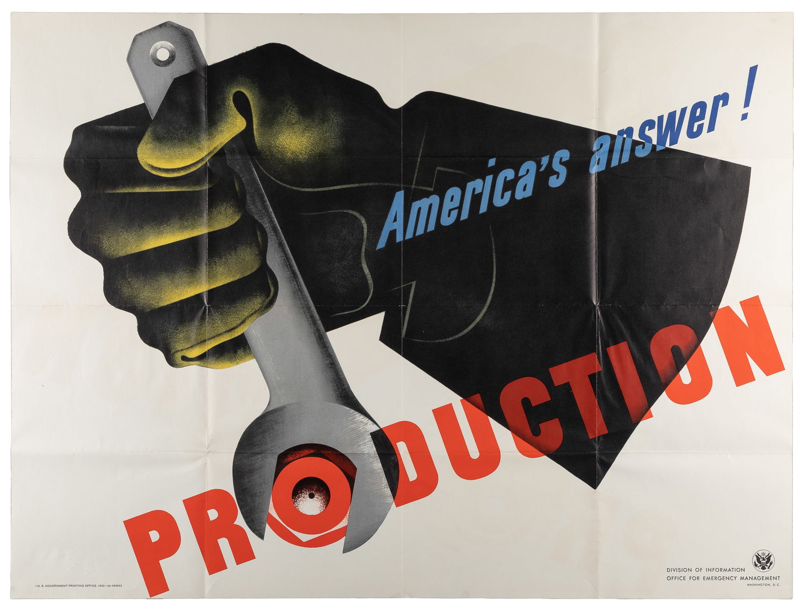 CARLU, Jean (1900 - 1997). America's Answer! / Production. 1941.: CARLU, Jean (1900 - 1997). America's Answer! / Production. 1941. Washington, D.C.: Government Printing Office. Bold World War II design by Carlu featuring a gloved hand gripping a wrench. Paper. 30 x 