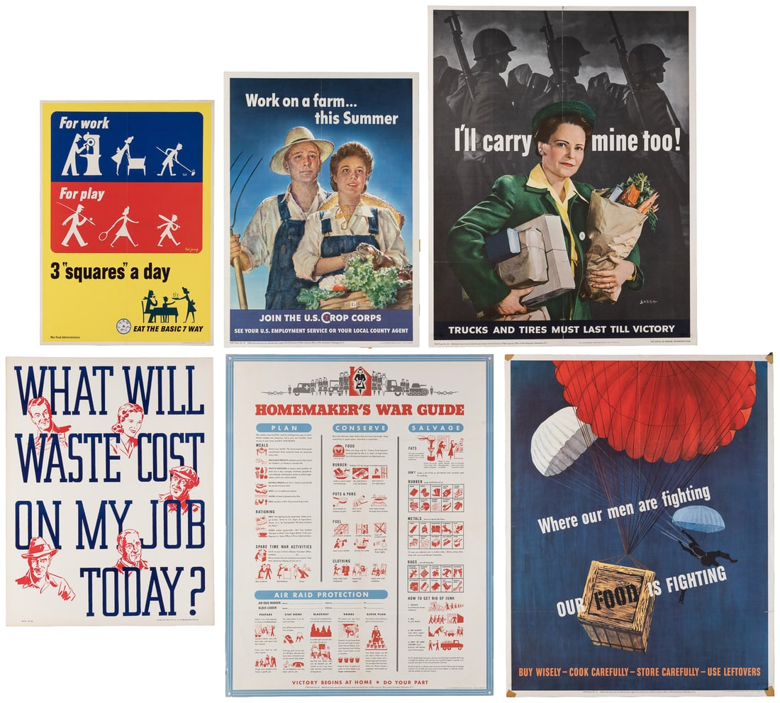 Group of Approximately 25 US WWII Rationing Posters. 1942-1945. Washington: US Government Printing: Group of Approximately 25 US WWII Rationing Posters. 1942-1945. Washington: US Government Printing Office. Including: Where our men are fighting OUR FOOD IS FIGHTING / Buy Wisely - Cook Carefully - St