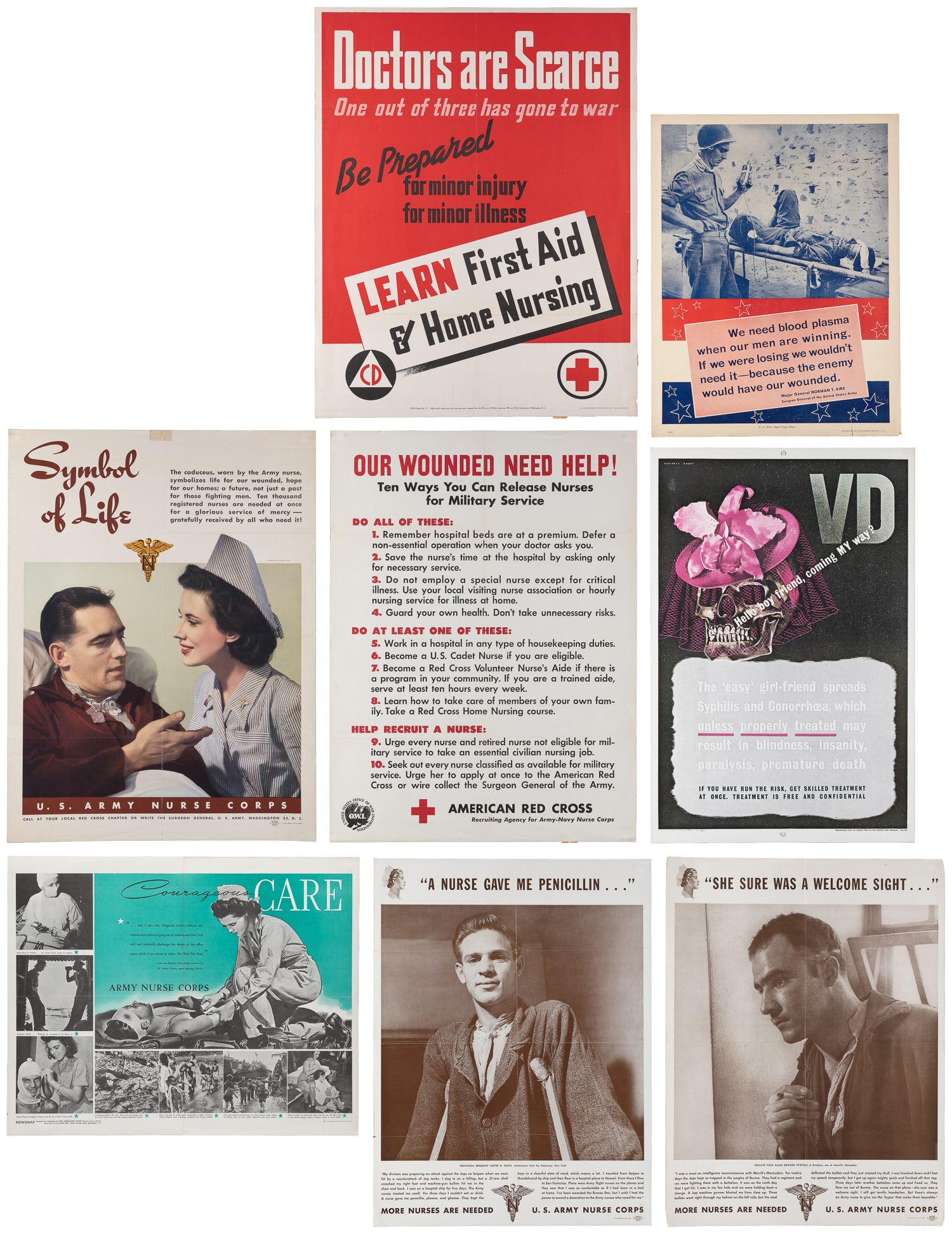 Group of 8 WW2 Nursing Posters. 1942-1945.: Group of 8 WW2 Nursing Posters. 1942-1945. Including: "A Nurse Gave Me Penicillin..." / More Nurses Are Needed. 1945. US Army Nurse Corps. Paper. 25 x 19". "She Sure Was a Welcome Sight..." / More Nur