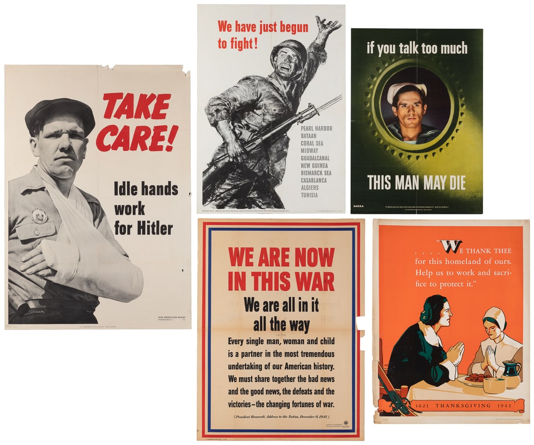 Group of Approximately 25 US WWII Propaganda Posters. Washington: US Government Printing Office.: Group of Approximately 25 US WWII Propaganda Posters. Washington: US Government Printing Office. Including: We Are Now In This War / We are all in it all the way. 1941. Washington: US Government Print
