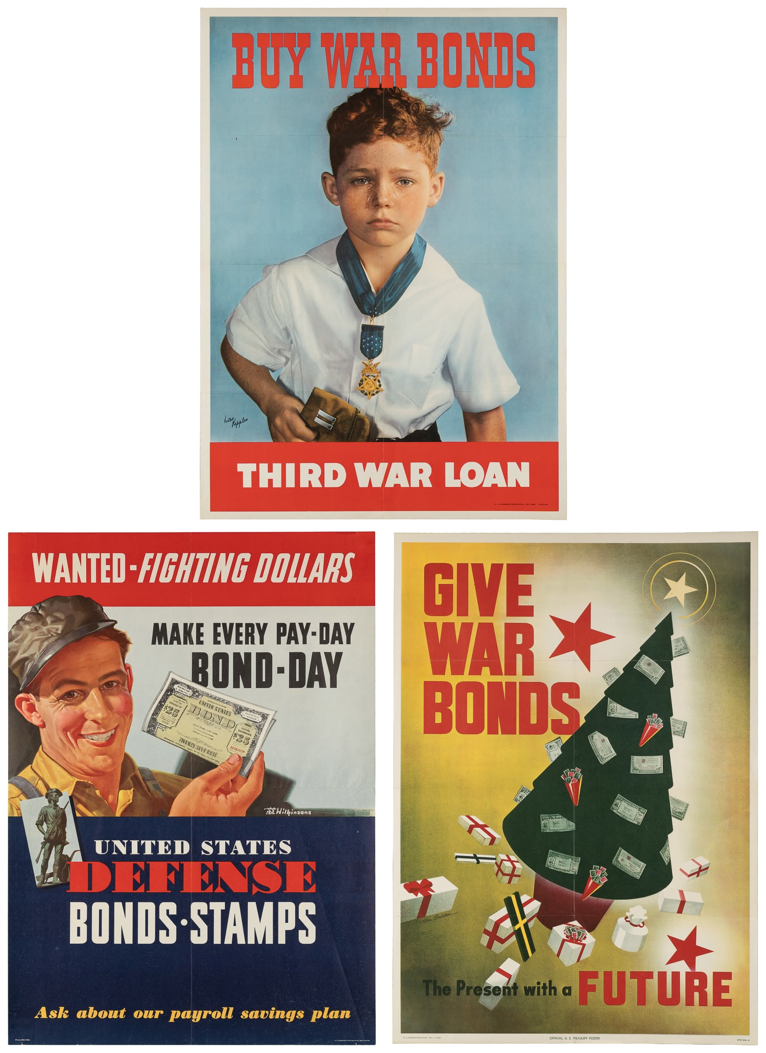 Group of Three Artist WWII War Bond Posters. 1942/1943. Washington: Government Printing Office.: Group of Three Artist WWII War Bond Posters. 1942/1943. Washington: Government Printing Office. Including: SNIDER, Don. Give War Bonds / The Present With a FUTURE. 1943. Washington: Government Printin