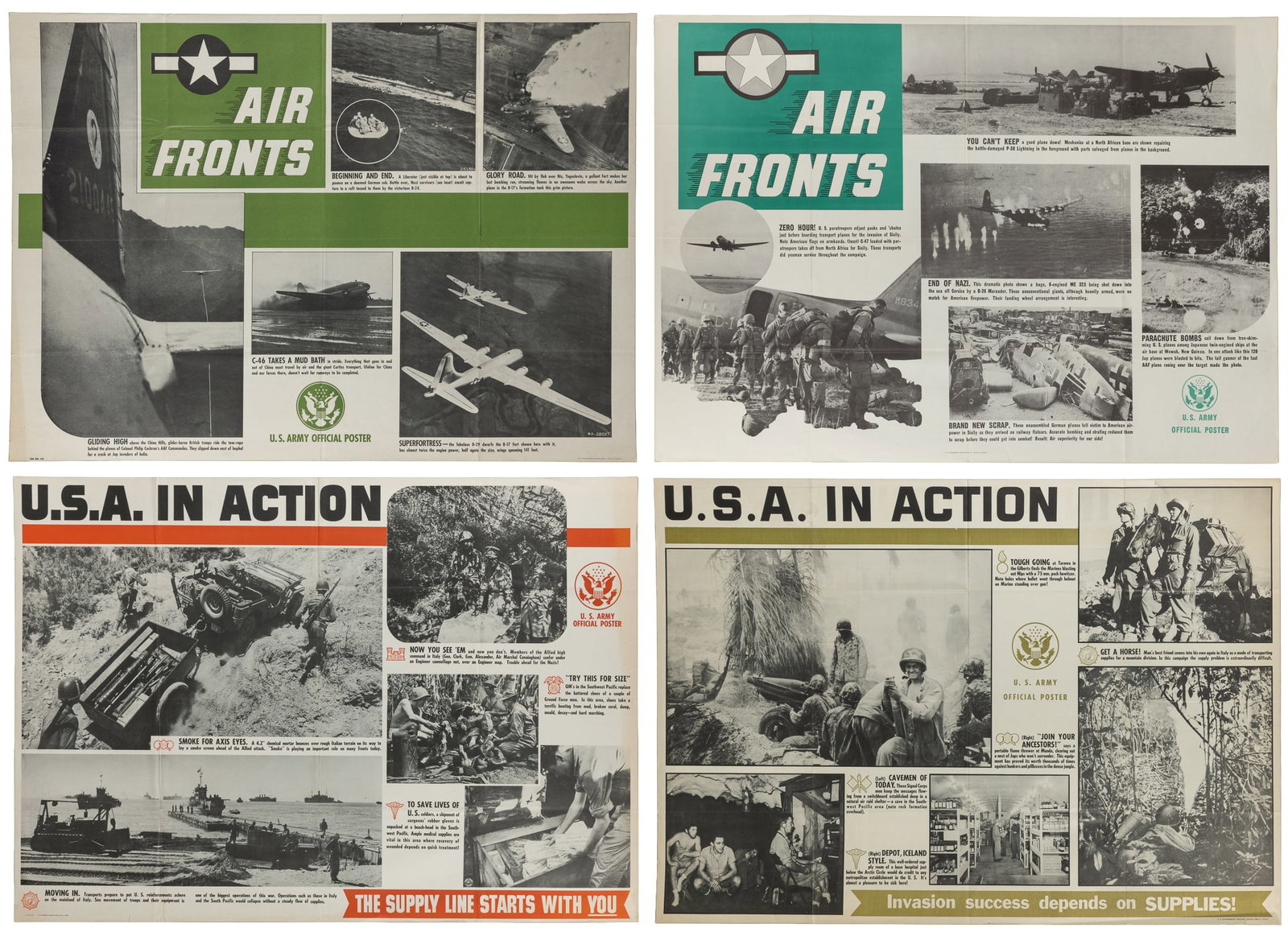 USA in Action. 1943/1944. Washington: US Government Printing Office.: USA in Action. 1943/1944. Washington: US Government Printing Office. Four Official US Army propaganda posters with black-and-white photographs depicting the war. Paper. 40 x 28 1/2".