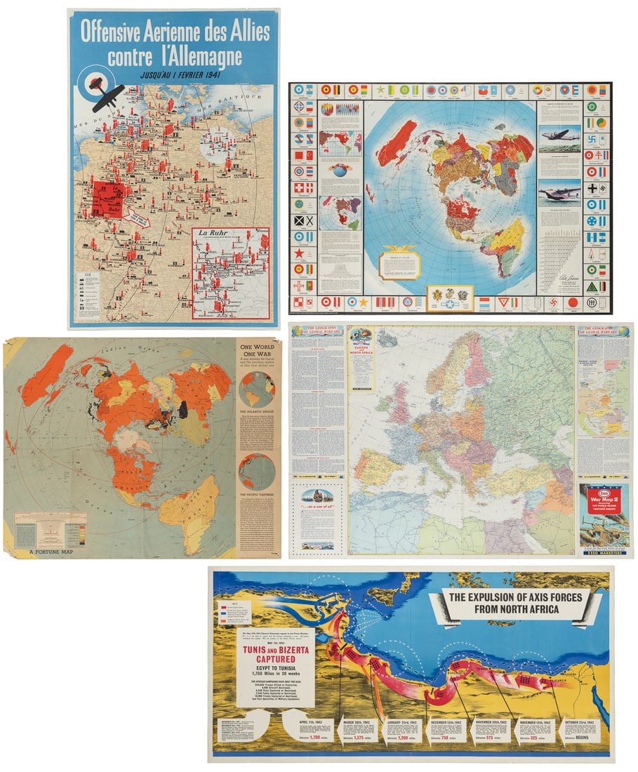Group of 10 Pictorial WWII Maps. 1940-1943.: Group of 10 Pictorial WWII Maps. 1940-1943. Including: The Expulsion of Axis Forces From North Africa. Circa 1943. Paper. 39 x 19". Freedom of the Air. 1943. Aluminum Company of America. Paper. 33