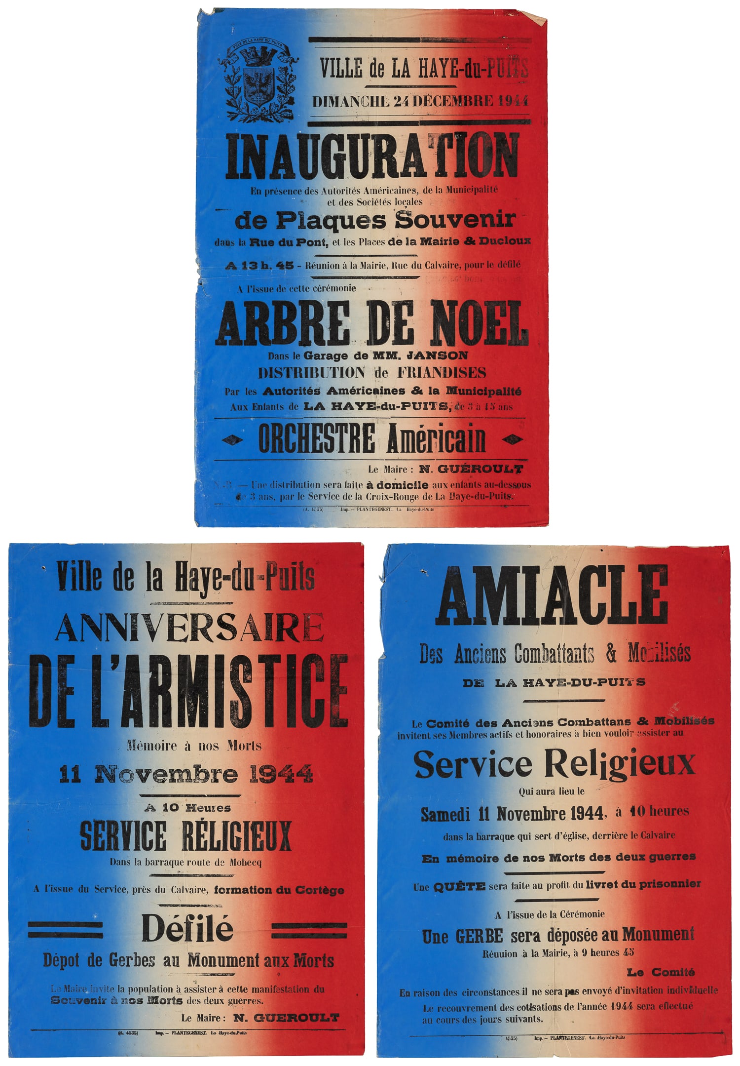 1944 French liberation posters. La Haye-du-Puits: Plantegenest.: 1944 French liberation posters. La Haye-du-Puits: Plantegenest. Three posters from the winter of 1944 advertising events in the town of Haye-du-Puits, liberated from German occupation after D-Day.