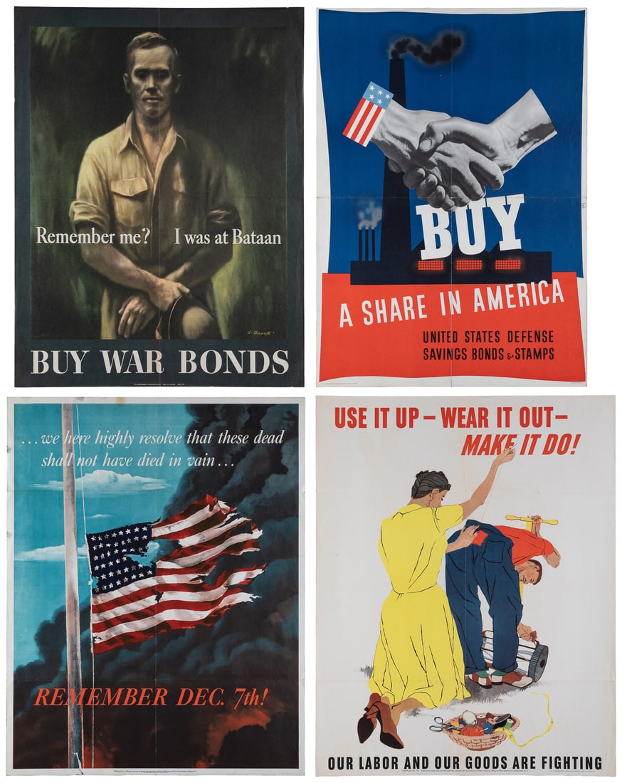 Four WW2 Propaganda Posters. 1941-1943. Washington: Government Printing Office.: Four WW2 Propaganda Posters. 1941-1943. Washington: Government Printing Office. Including: Use It Up - Wear It Out - Make it Do! / Our Labor and Our Goods Are Fighting. 1943. Washington: US Government