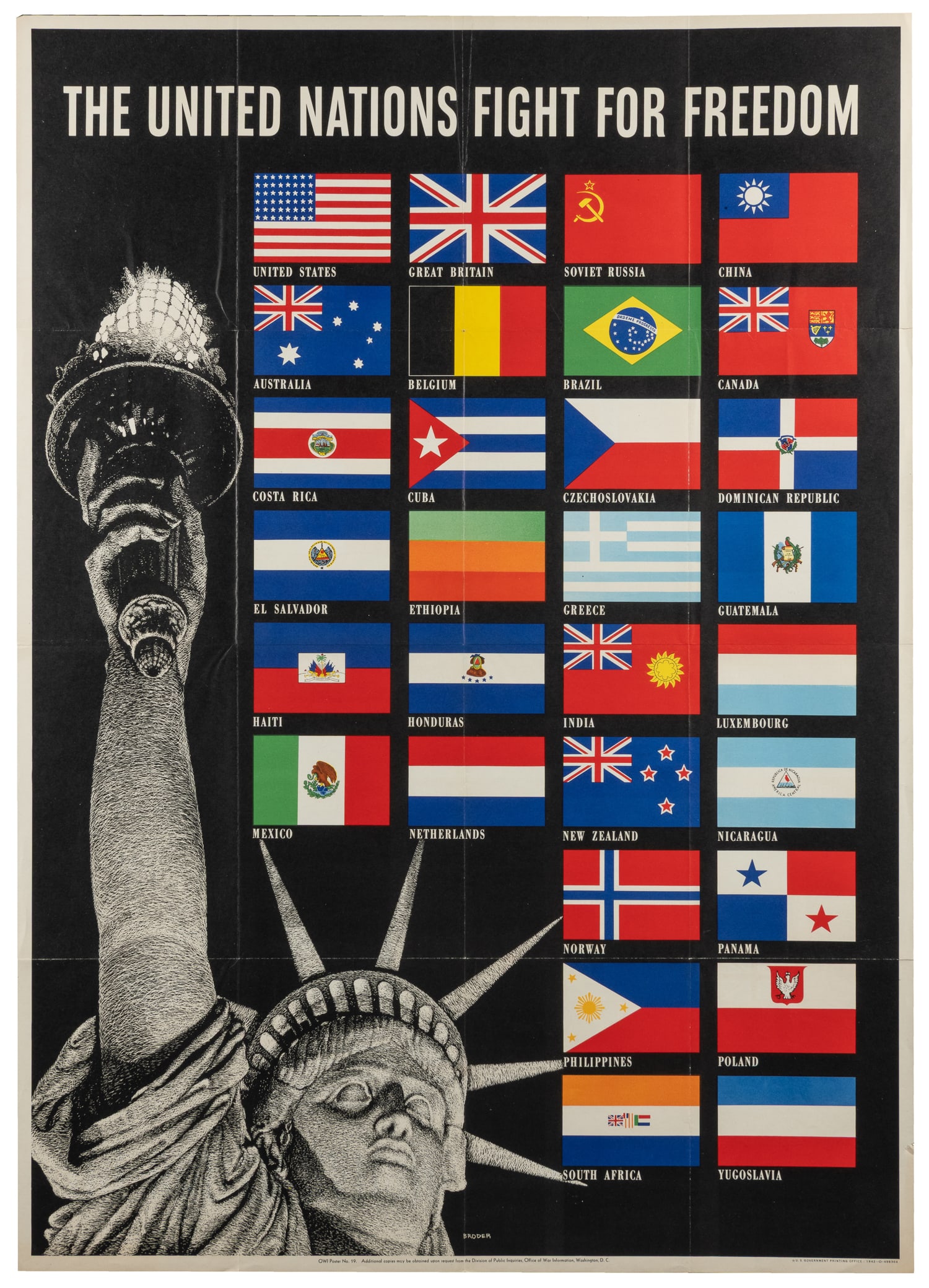 BRODER, Steven. The United Nations Fight for Freedom. 1942.: BRODER. The United Nations Fight for Freedom. 1942. OWI Poster No. 19. Washington: Government Printing Office. Paper. 40 x 28 3/4".