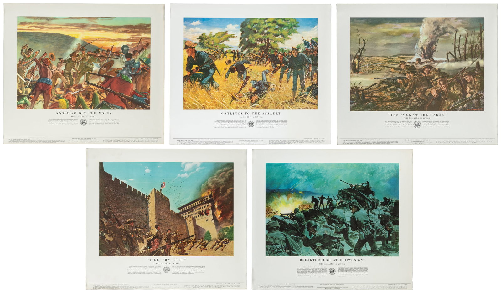The U.S. Army in Action. 1953-1960. Washington: Government Printing Office.: The U.S. Army in Action. 1953-1960. Washington: Government Printing Office. A group of 12 "History of the United States Army" posters, featuring paintings of battles from the Northwest Indian War of