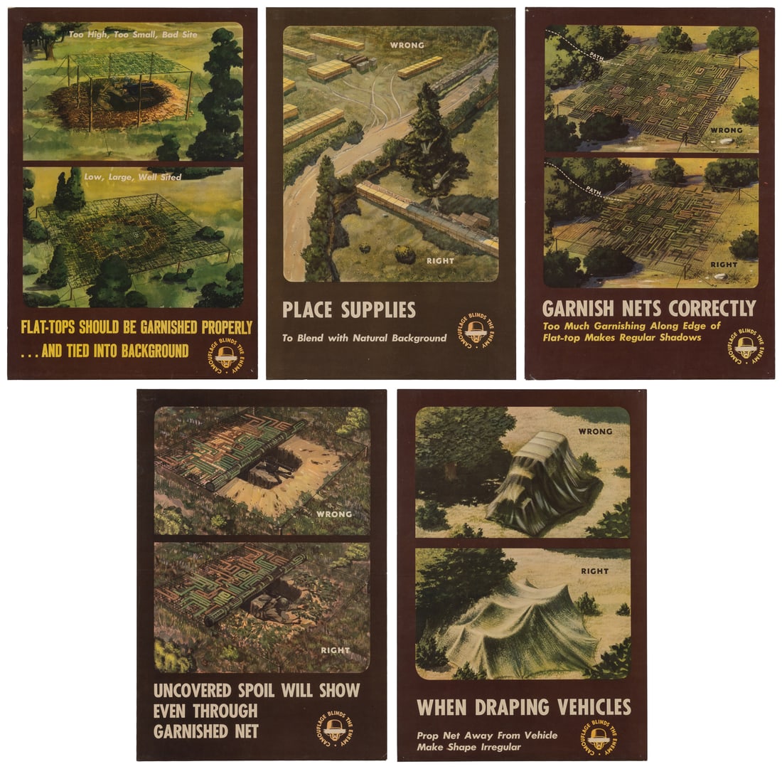 Camouflage Blinds the Enemy. Circa 1943.: Camouflage Blinds the Enemy. Circa 1943. Five WWII "Camouflage Blinds the Enemy" posters, with tactical PSAs on blending supplies with natural backgrounds, garnishing nets and flat-tops, and draping