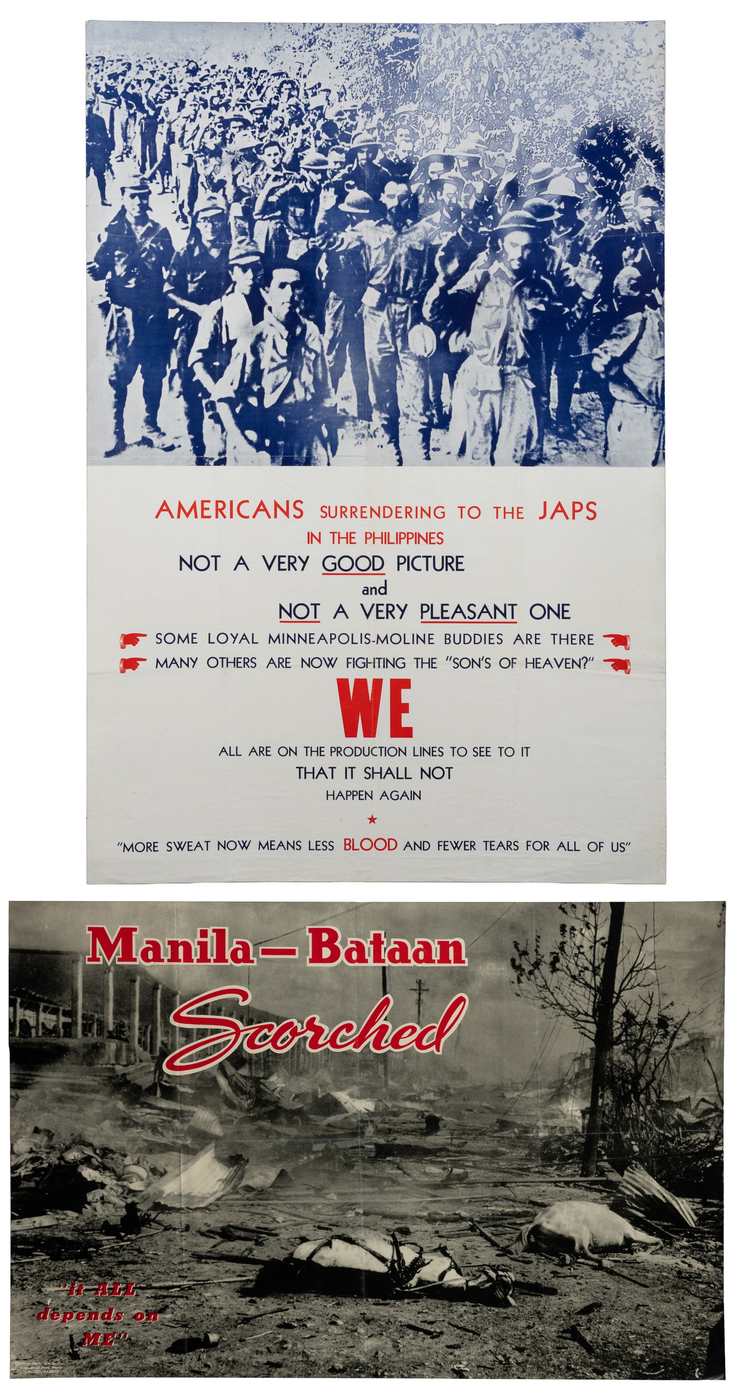 Two Posters of Death March in Philippines. Circa 1942.: Two Posters of Death March in Philippines. Circa 1942. Two posters depicting the surrender of US troops to the Japanese Imperial Army in the Philippines. Including: Americans Surrendering to the Japs