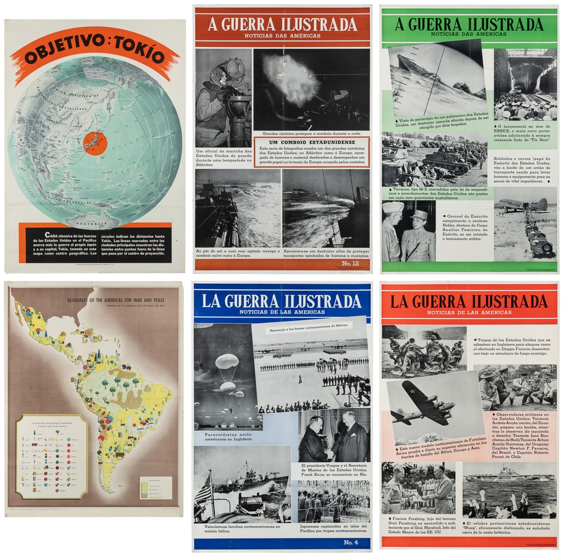 Five Posters From the Office of Inter-American Affairs. Washington: el Coordinator de Asuntos: Five Posters From the Office of Inter-American Affairs. Washington: el Coordinator de Asuntos Interamericanos. Circa 1942. Including three Spanish issues of La Guerre Illustrada, Objectivo: Tokio, A G