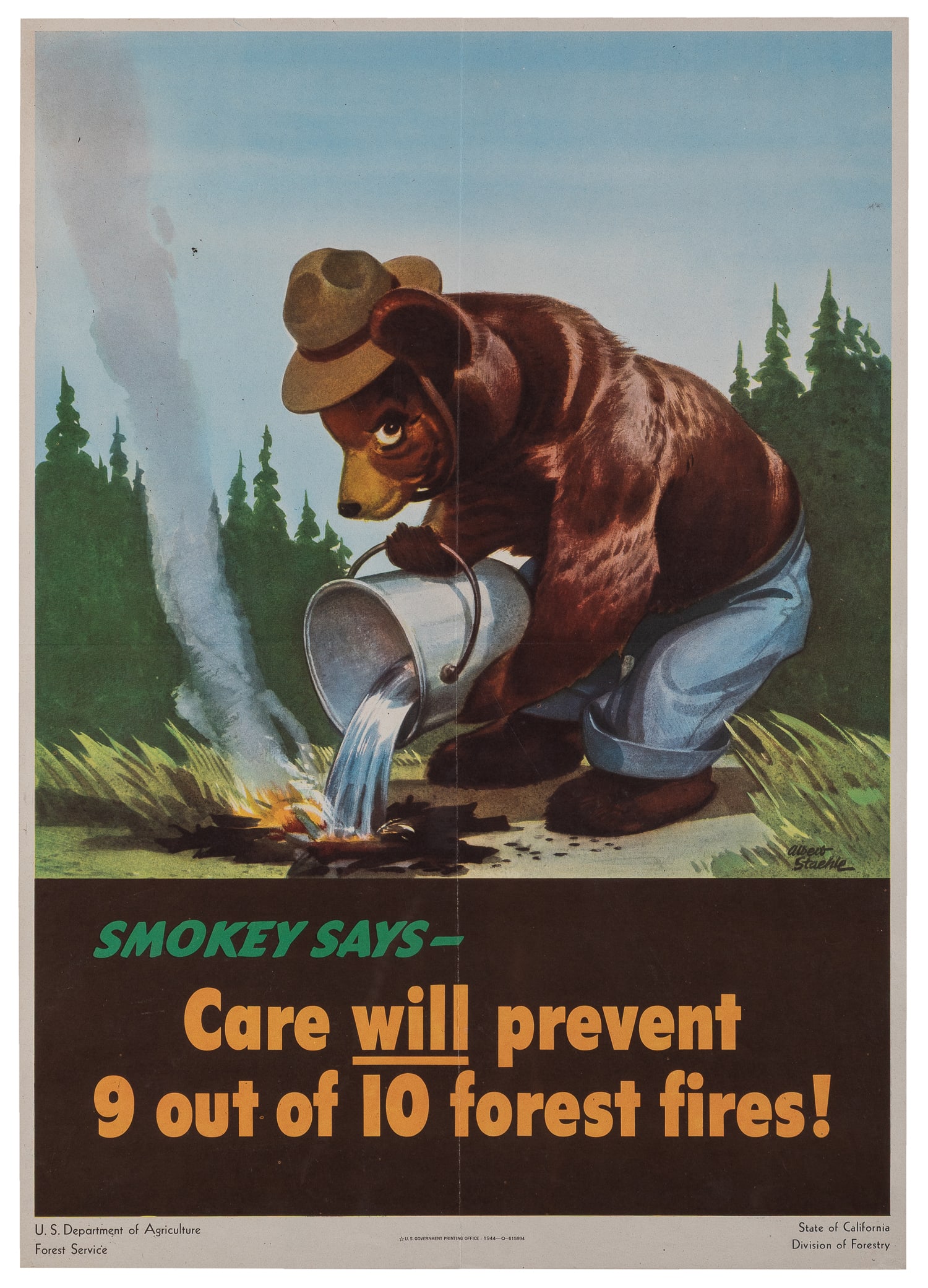 STAEHLE, Albert (1899 - 1974). Smokey Says / Care will prevent 9 out of 10 forest fires!: STAEHLE, Albert (1899 - 1974). Smokey Says / Care will prevent 9 out of 10 forest fires! 1944. U.S. Government Printing Office. Color offset poster published by the USDA Forest Service and State of