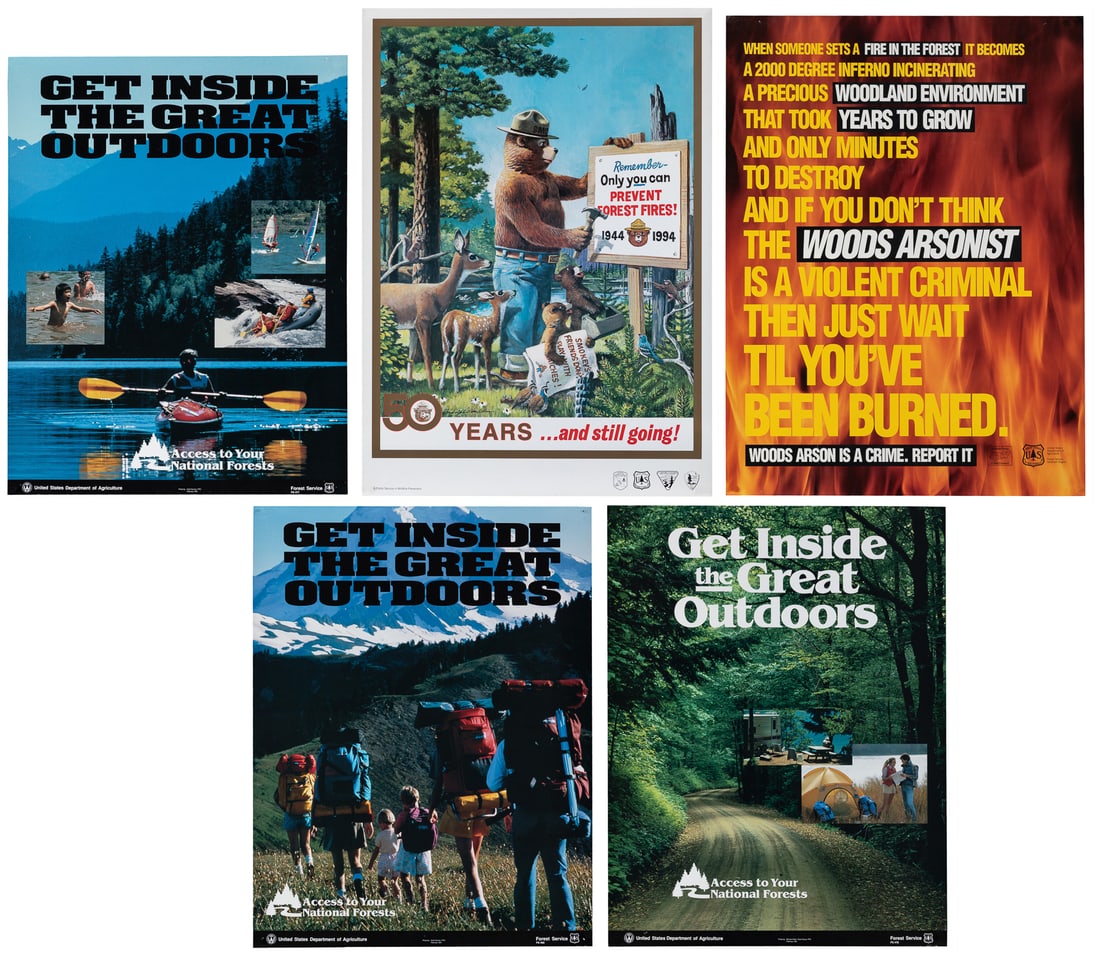 Five 1990s US Forest Service Posters. 1991-1994.: Five 1990s US Forest Service Posters. 1991-1994. Including "Woods Arson is a Crime / Report it"; "50 Years...and still going! (Smokey the Bear 50th Anniversary); and three "Get Inside the Great
