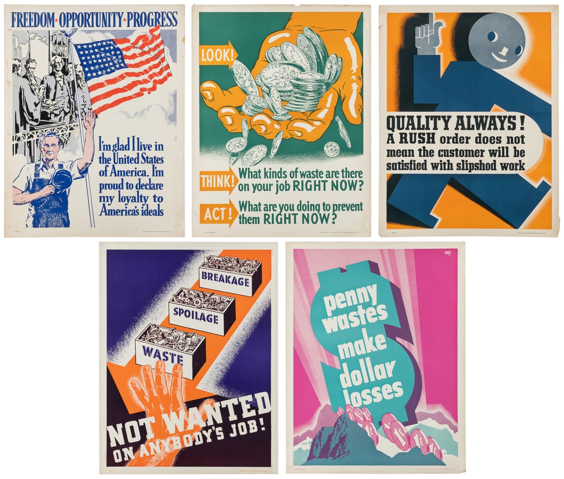 Group of Approximately 25 WWII Workplace Propaganda Posters. New York: Elliott Services Co. Circa: Group of Approximately 25 WWII Workplace Propaganda Posters. New York: Elliott Services Co. Circa 1940. A large group of colorful workplace propaganda posters from WWII, many credited to artist Robert