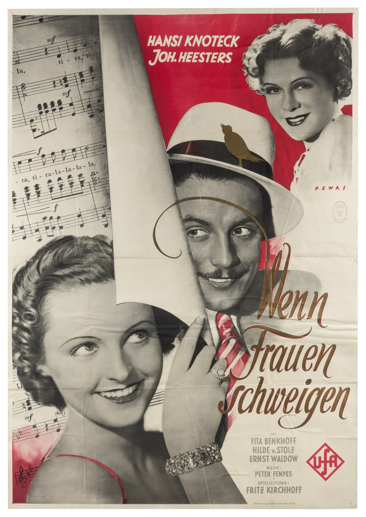 PEWAS, Peter. Wenn Frauen schweigen ("When Women Keep Silent"). UFA, 1937.: PEWAS, Peter. Wenn Frauen schweigen ("When Women Keep Silent"). UFA, 1937. Original poster for the 1937 German comedy Wenn Frauen schweigen directed by Fritz Kirchhoff, starring Johannes Heesters and 