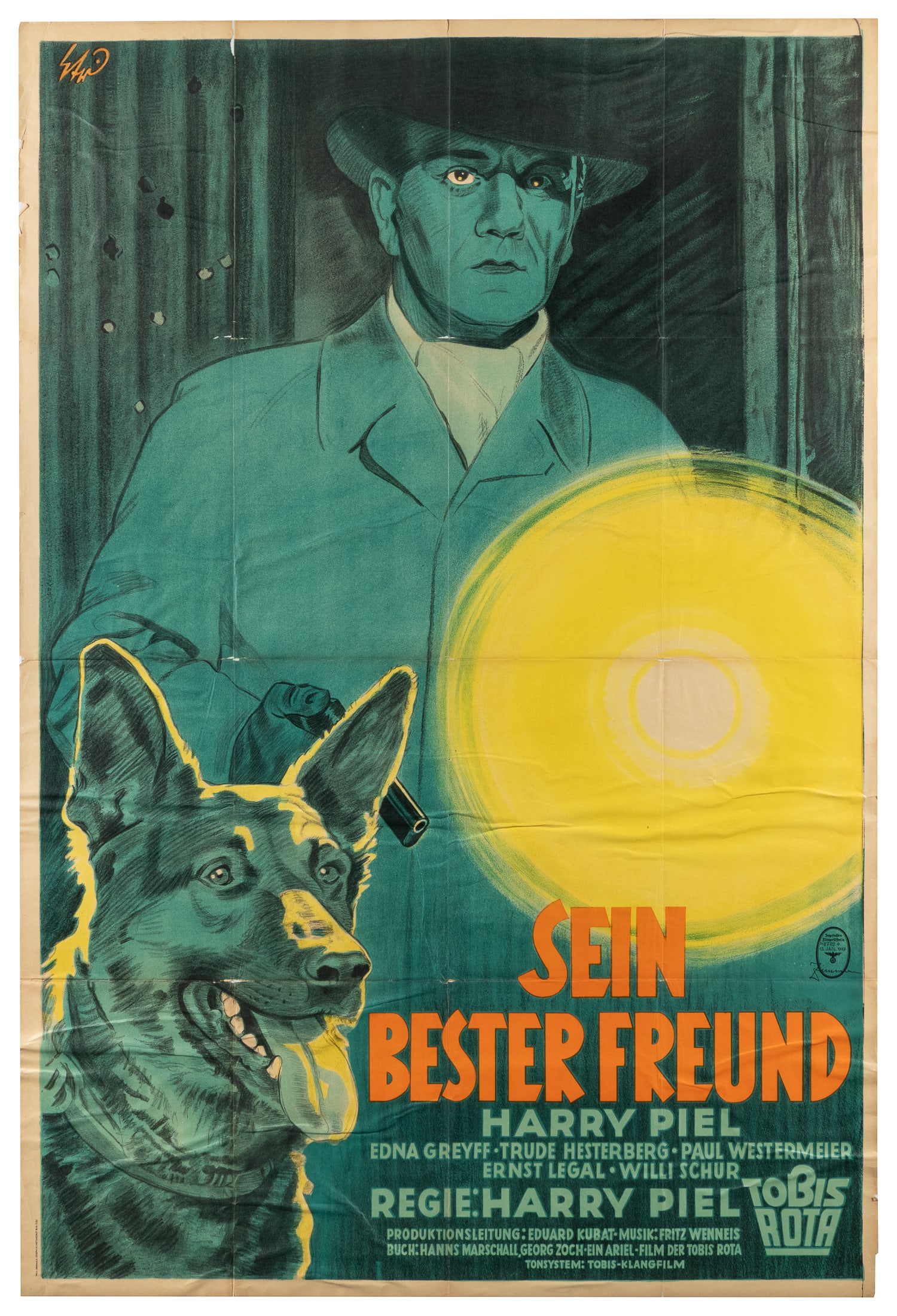 Sein Bester Freund ("His Best Friend"). Tobis-Rota, 1937.: Sein Bester Freund ("His Best Friend"). Tobis-Rota, 1937. Original poster for the 1937 crime film Sein Bester Freund, starring, written, and directed by Harry Piel. The insignia of the Third Reich cen