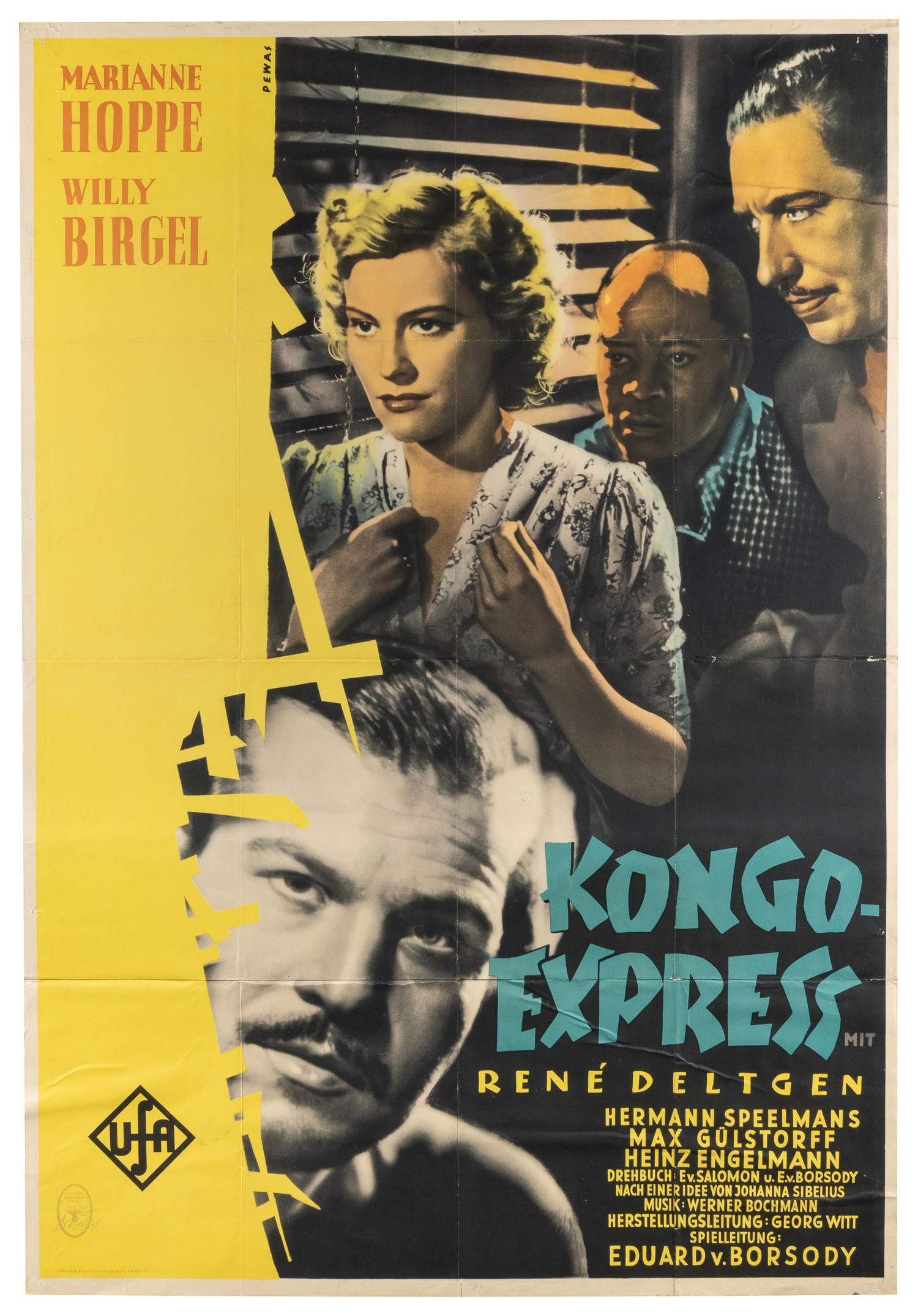 PEWAS, Peter. Kongo-Express. UFA, 1939.: PEWAS, Peter. Kongo-Express. UFA, 1939. Original poster for the 1939 German adventure film Kongo-Express, designed by German director Peter Pewas. The film starred Marianne Hoppe and Willy Birgel. The