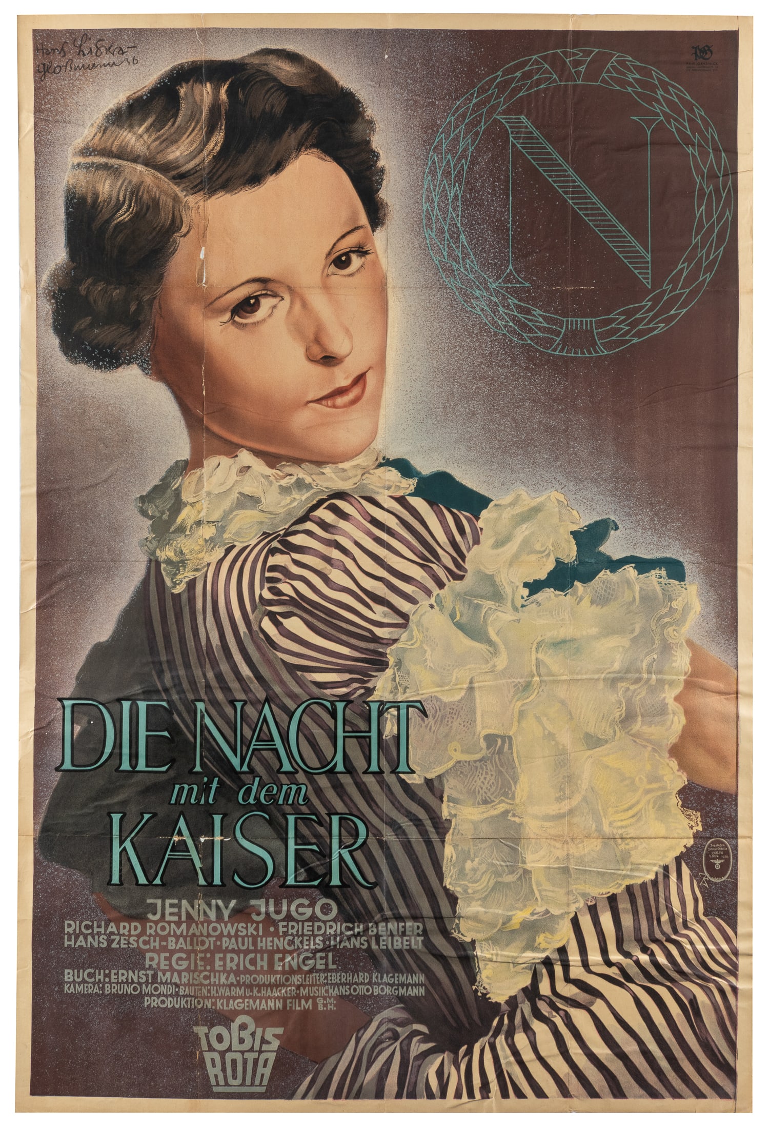 LISKA, Hans (1907-1983). Die Nacht mit dem Kaiser ("The Night with the Emperor"). Tobis, 1936.: LISKA, Hans (1907-1983). Die Nacht mit dem Kaiser ("The Night with the Emperor"). Tobis, 1936. Original poster for the 1936 German comedy Die Nacht mit dem Kaiser, directed by Erich Engel. The insigni