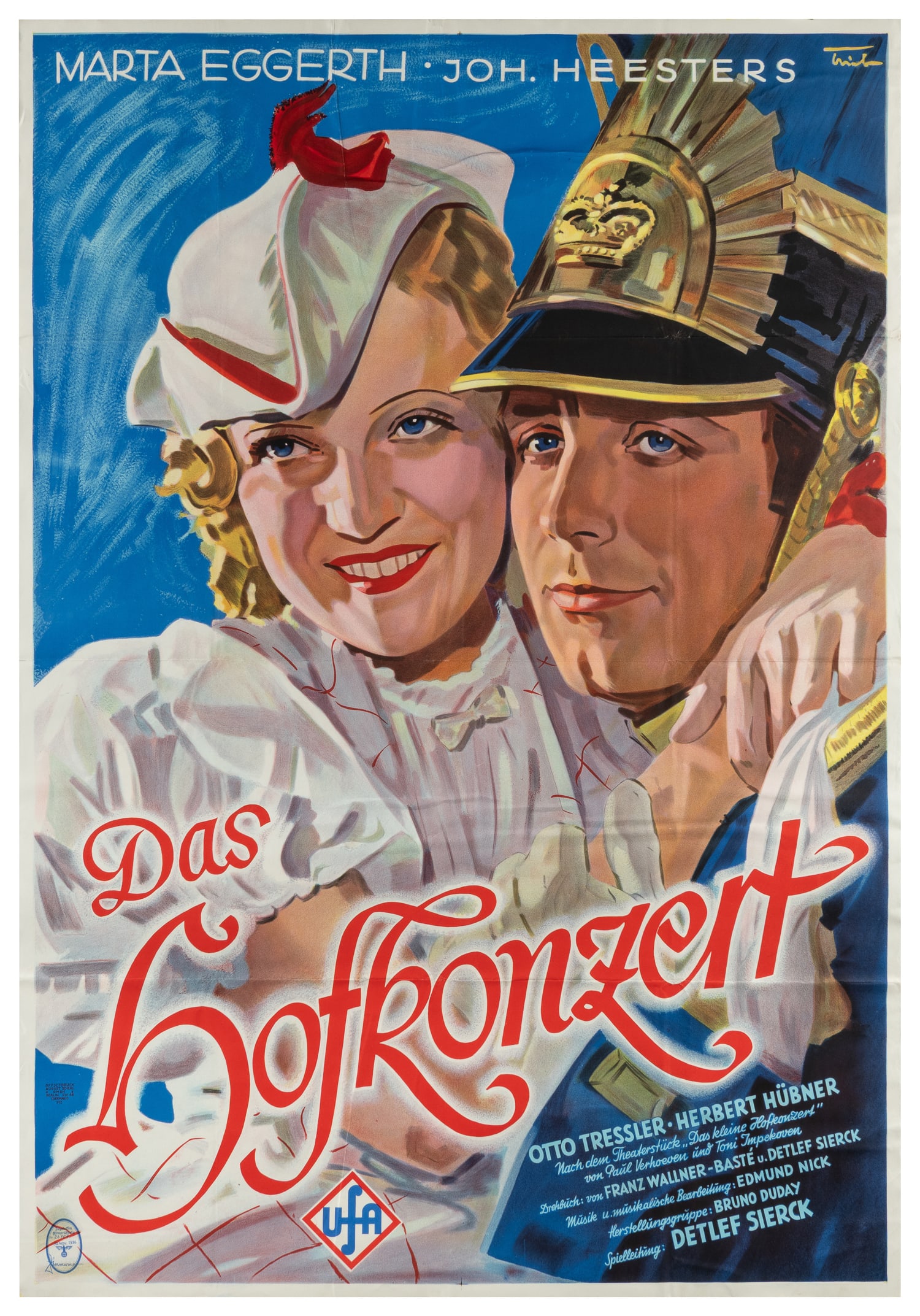 Das Hofkonzert ("The Court Concert"). UFA, 1936.: Das Hofkonzert ("The Court Concert"). UFA, 1936. Original poster for the 1936 German romantic comedy Das Hofkonzert by Douglas Sirk, starring Mártha Eggerth and Johannes Heesters. The insignia of