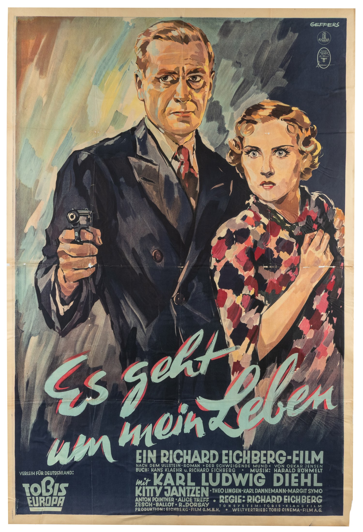 Es geht um mein Leben ("My Life is at Stake!"). Tobis, 1936.: Es geht um mein Leben ("My Life is at Stake!"). Tobis, 1936. Original poster for the 1936 German murder-mystery Es geht um mein Leben, starring Karl Ludwig Diel. The insignia of the Third Reich censor