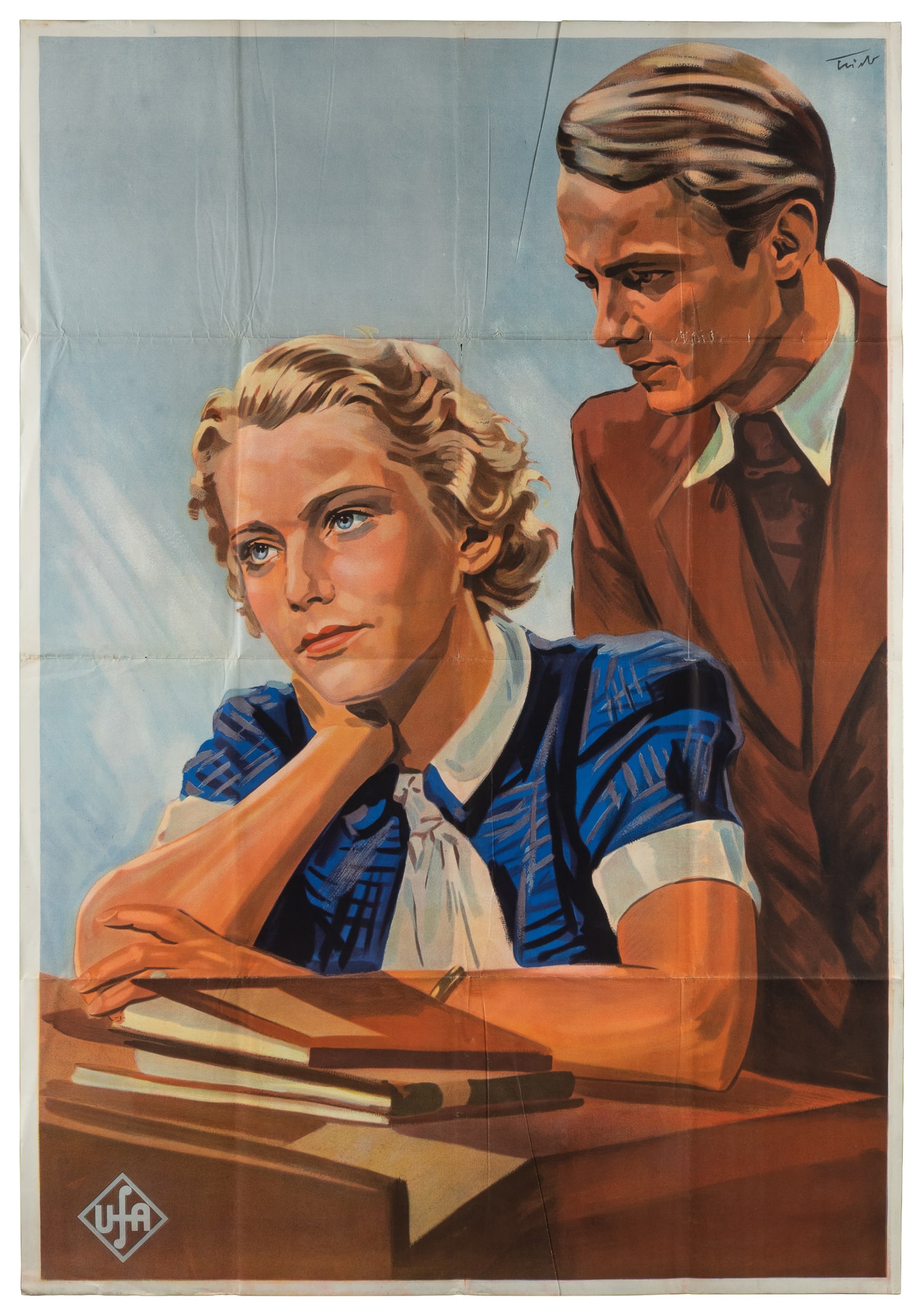 Unlettered 1930s German UFA film poster.: Unlettered 1930s German UFA film poster. Original German film poster before-lettering depicting a young blonde couple against a blue background with the UFA logo at the bottom right. Paper. 54 x 37 1/