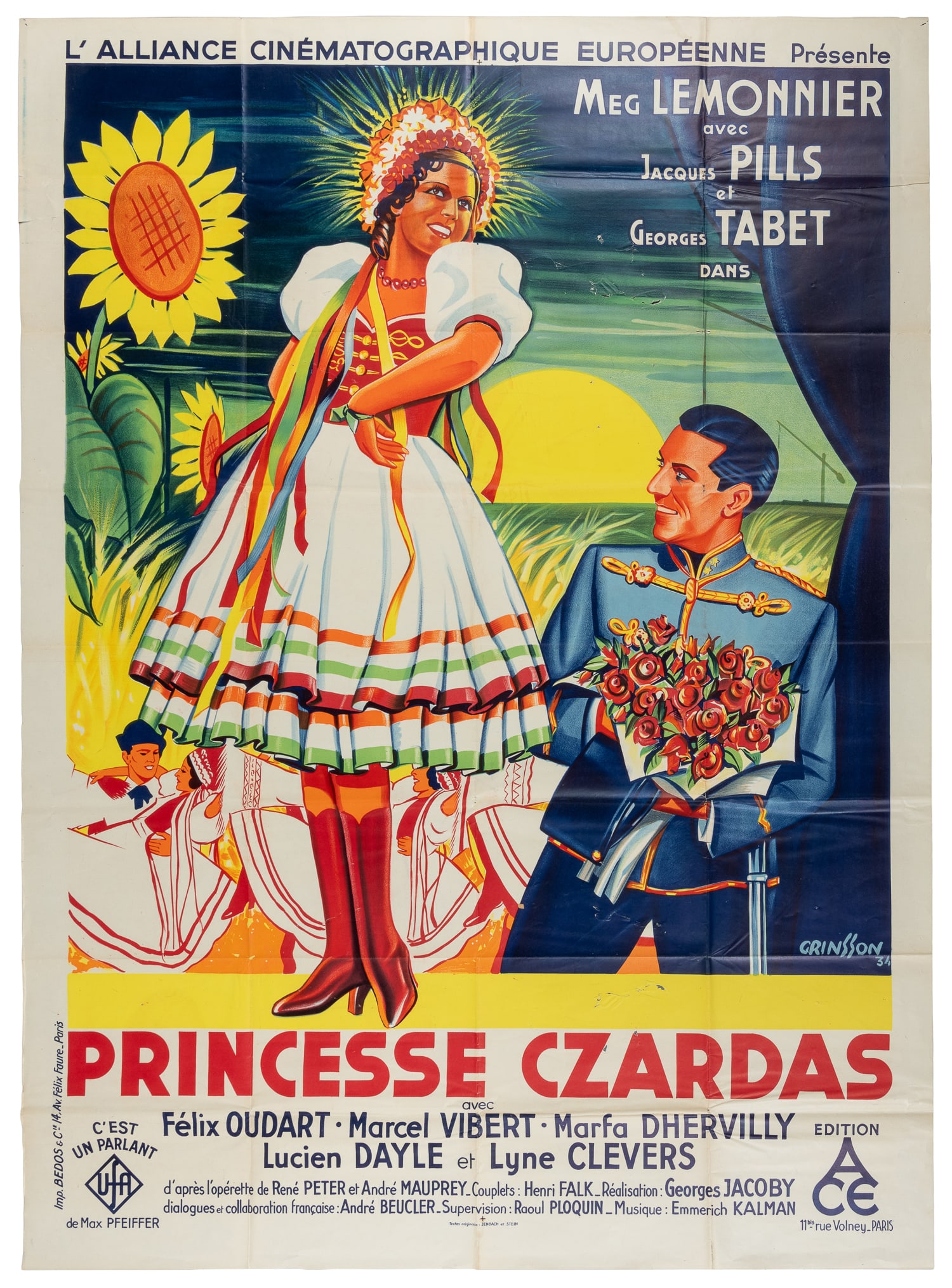 GRINSSON, Boris. Princesse Czardas. UFA, 1934.: GRINSSON, Boris. Princesse Czardas. UFA, 1934. French grande (63 x 47") poster for Andre Beucler's production of Princesse Czardas, based on the operetta by Emmerich Kálmán. A German product