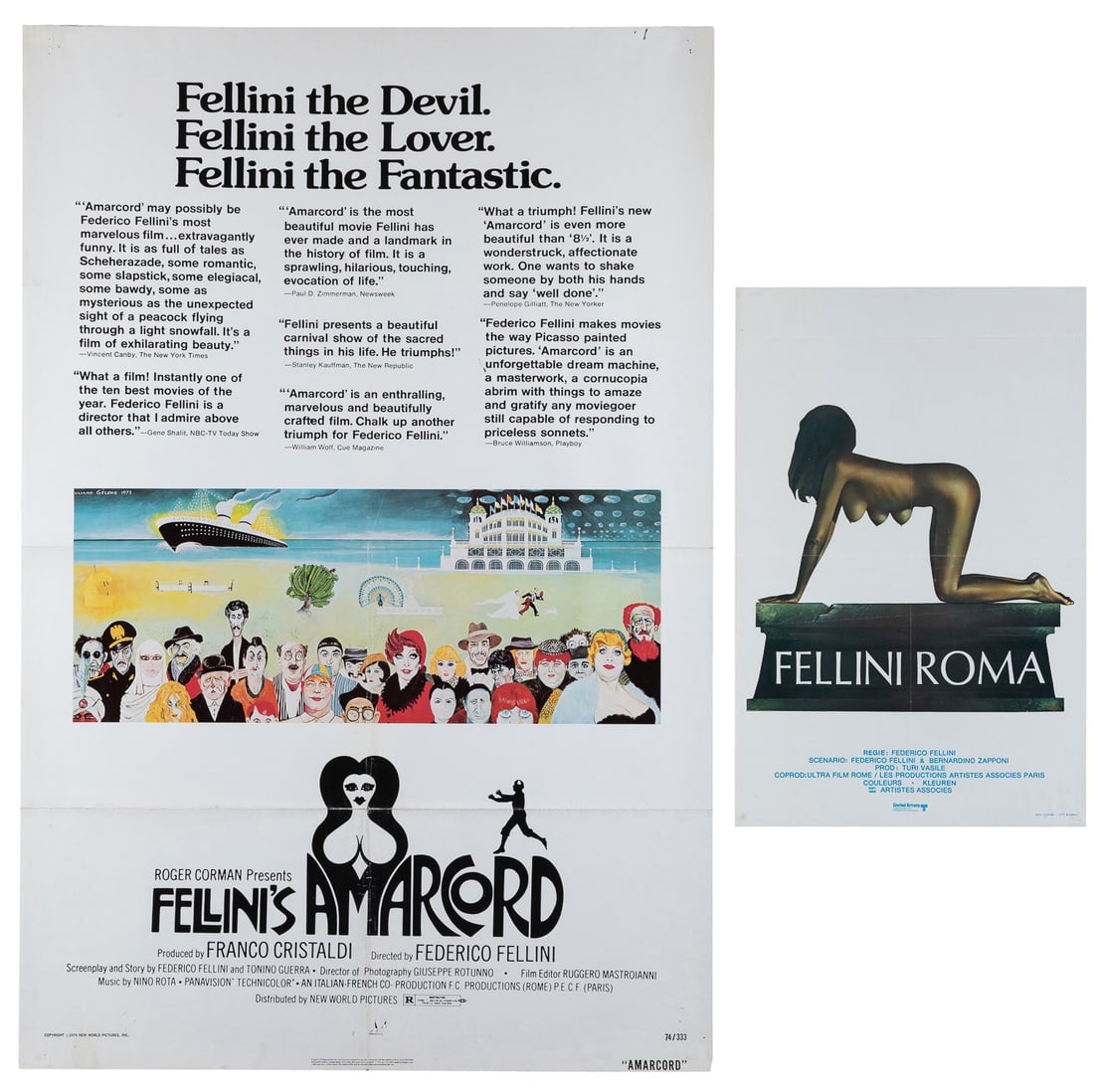 Federico Fellini. Two posters.: Federico Fellini. Two posters. Including: Amarcord. New World Pictures, 1974. One-sheet (41 x 27"). Fellini Roma. United Artists, 1972. Belgian (21 1/4 x 13 7/8"). Both paper.