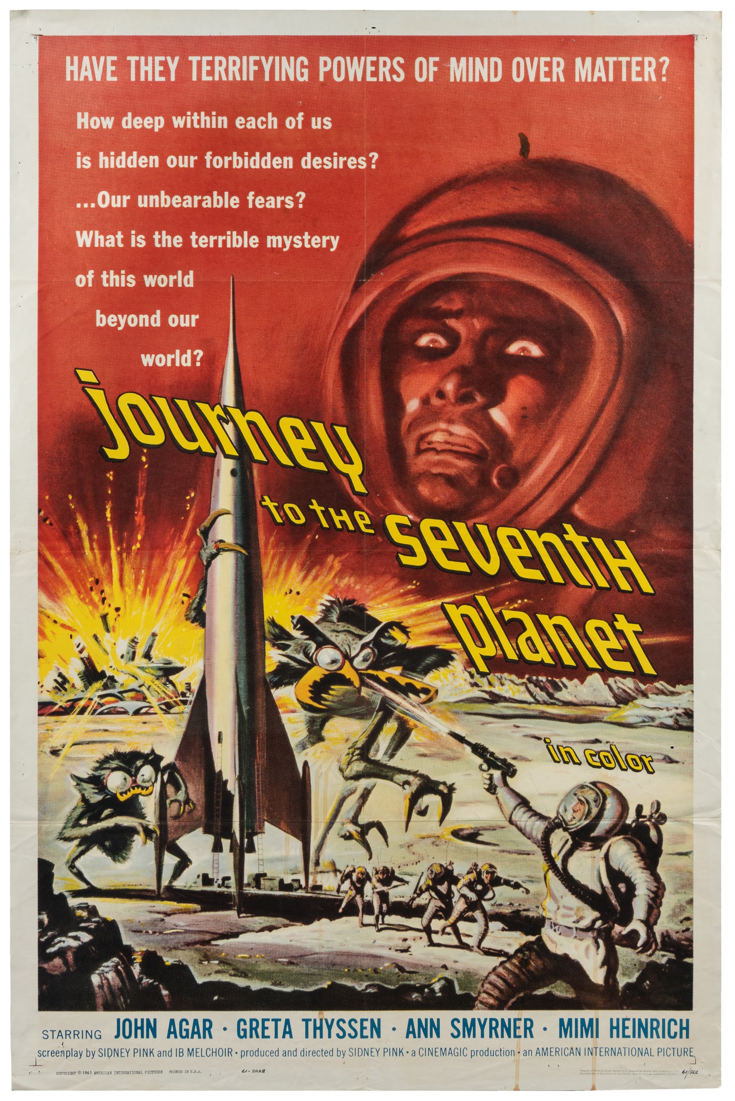 Journey to the Seventh Planet. 1961.: Journey to the Seventh Planet. American International, 1961. One-sheet poster for the science fiction film featuring artwork of astronauts battling the alien inhabitants of Uranus. Paper. 41 x 27".