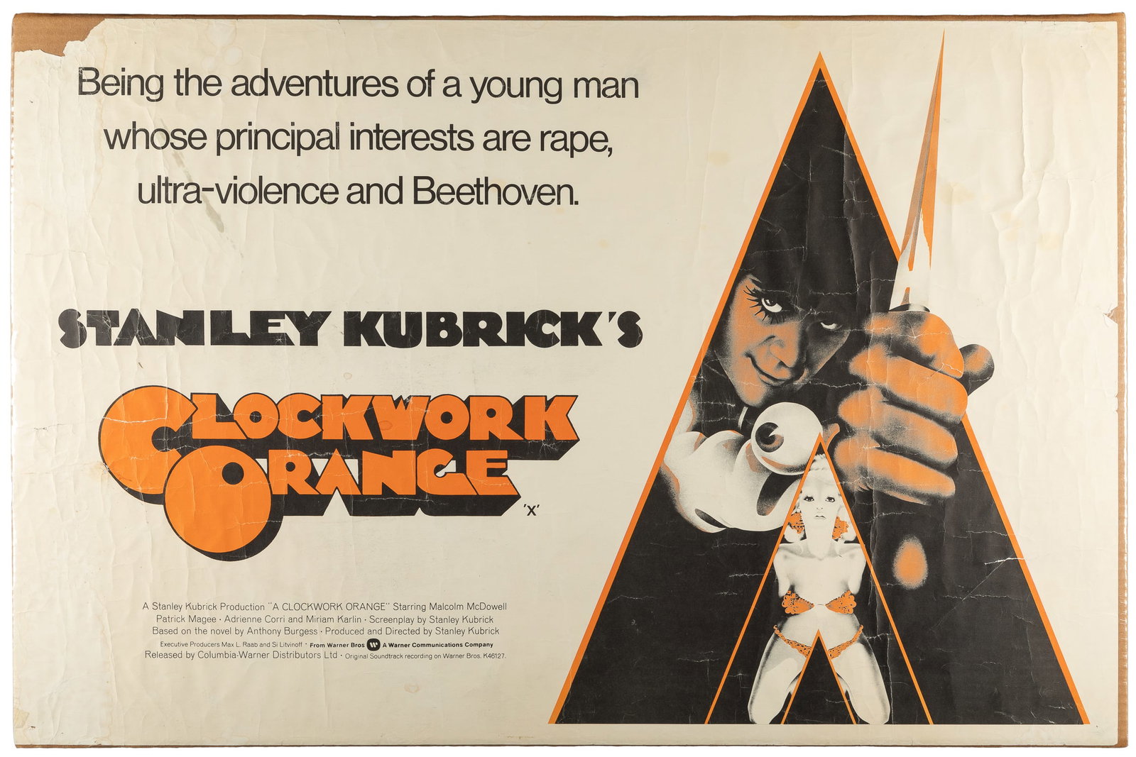 Stanley Kubrick's Clockwork Orange. Warners Brothers, 1971.: Stanley Kubrick's Clockwork Orange. Warners Brothers, 1971. Landscape (38 x 25") poster for Stanley Kubrick's A Clockwork Orange issued in 1972/1973. Paper.