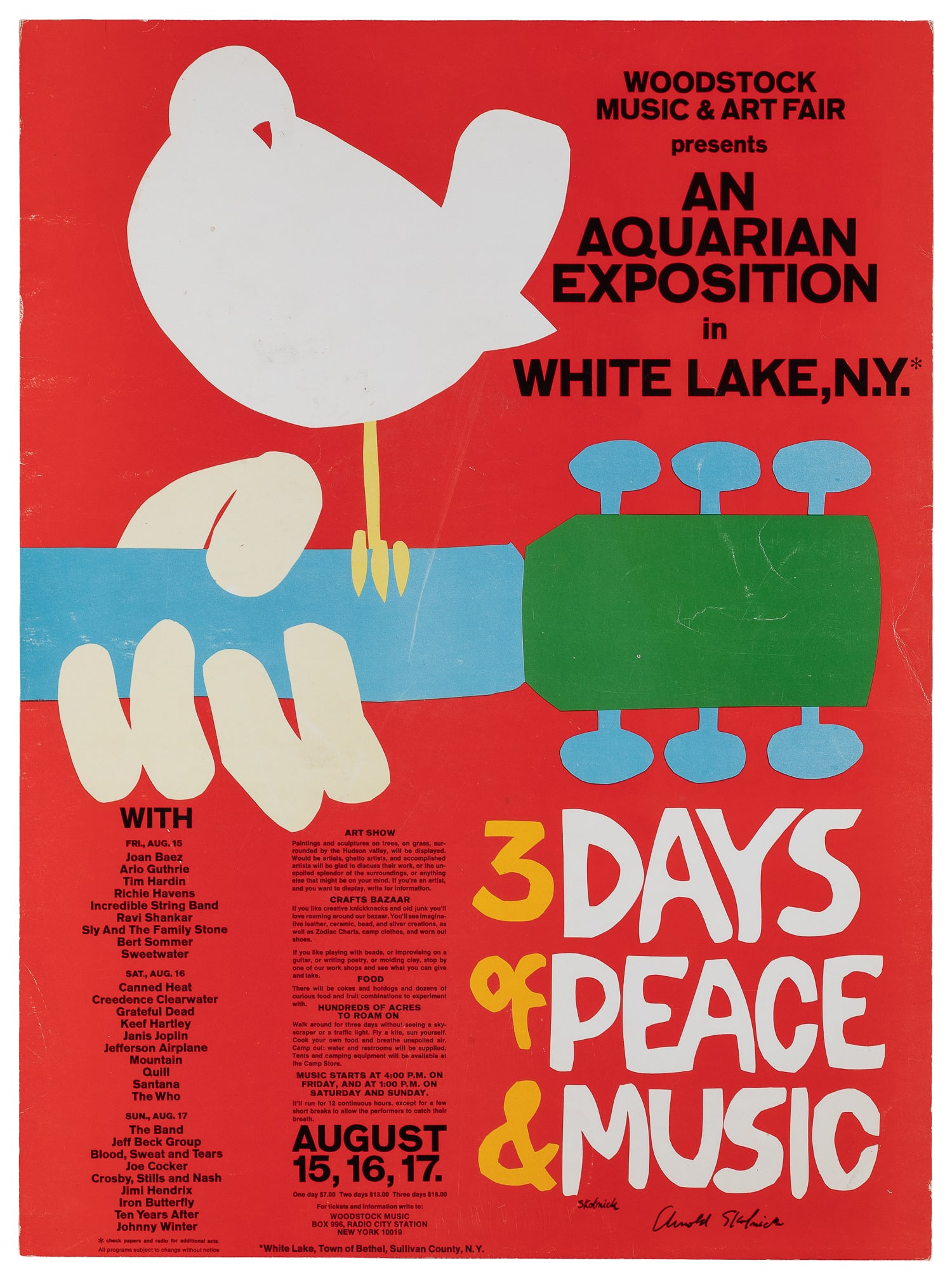 SKOLNICK, Arnold (1937 - 2022). Woodstock Music & Art Fair presents An Aquarian Exposition.: SKOLNICK, Arnold (1937 - 2022). Woodstock Music & Art Fair presents An Aquarian Exposition. 1969. Concert poster for the famous music festival featuring an all-star lineup of 1960s rock and folk