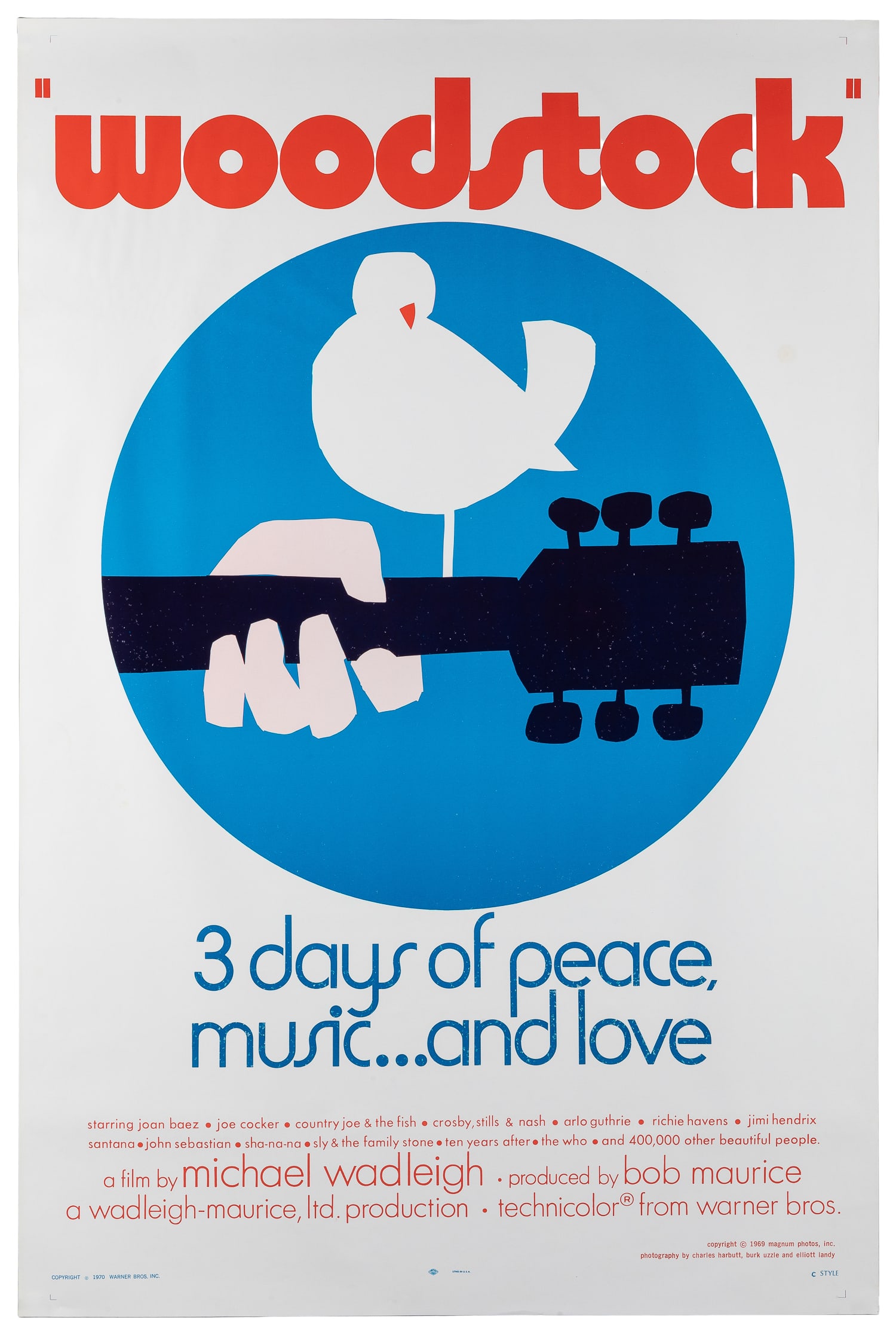 SKOLNICK, Arnold (1937 - 2022). Woodstock. 1970.: SKOLNICK, Arnold (1937 - 2022). Woodstock. Warner Bros., 1970. Style C ("wilding" design). One-sheet film poster for the concert documentary by Michael Wadleigh. This Style C design, which utilizes