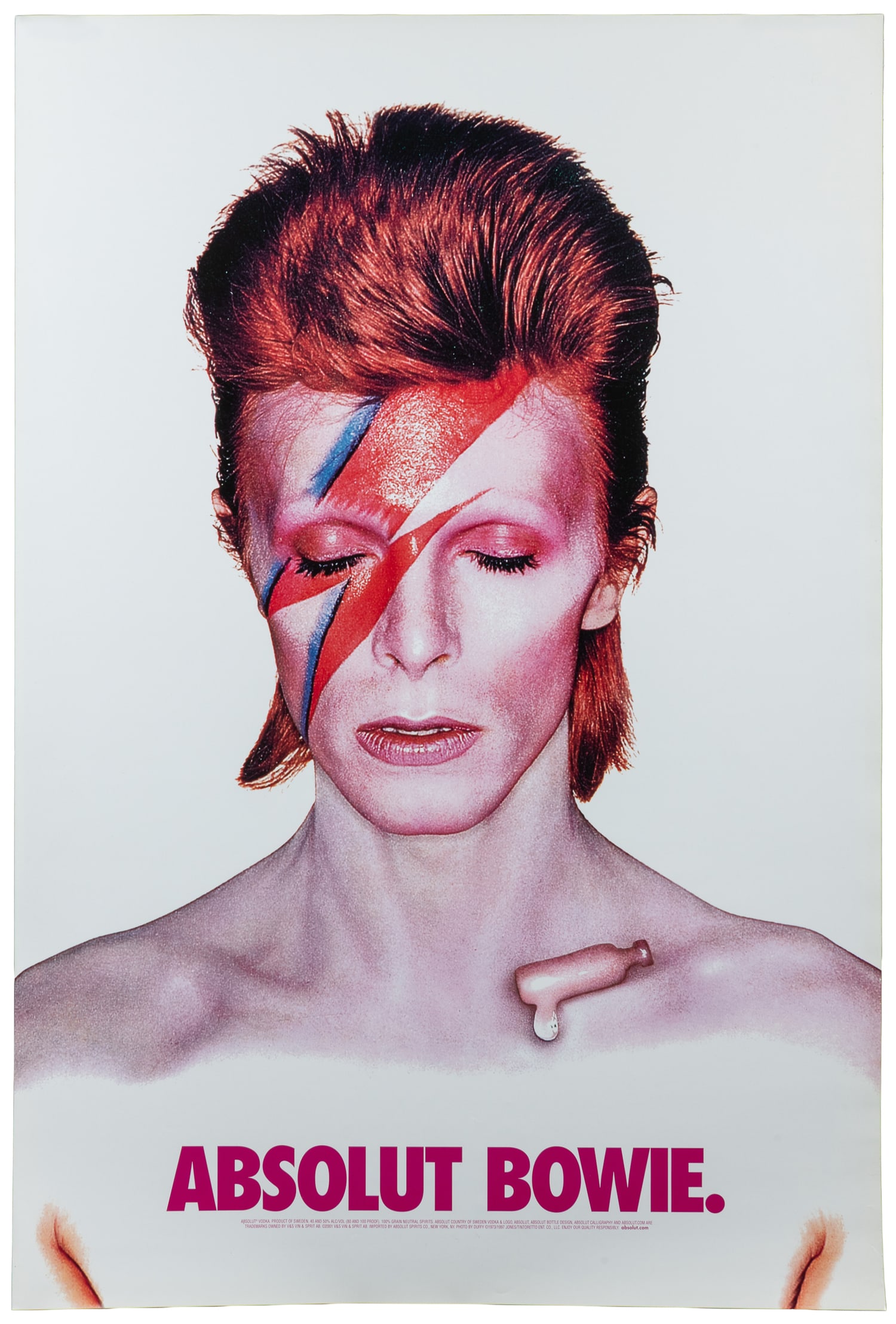 Absolut Bowie. 1997.: Absolut Bowie. 1997. Advertising poster utilizing artwork from Bowie's Aladdin Sane album, but here, the liquid pooled in his collarbone forms a vodka bottle. Paper. 36 1/2 x 24 1/2".