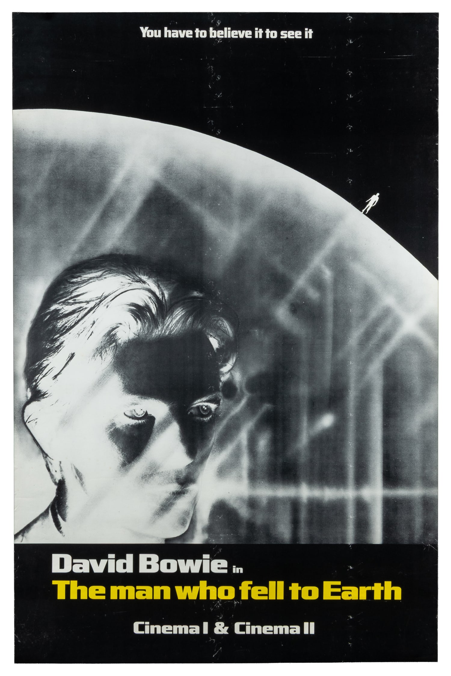 The Man Who Fell to Earth. British Lion, 1976.: The Man Who Fell to Earth. British Lion, 1976. Half subway (45 x 29 1/2") poster for Nicholas Roeg's 1976 cult classic The Man Who Fell to Earth, starring David Bowie. Paper.