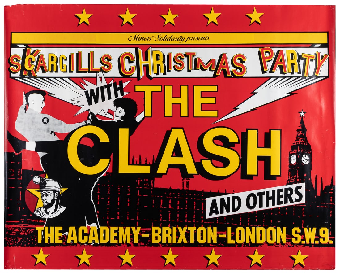 Scargills Christmas Party with The Clash and Others. 1984.: Scargills Christmas Party with The Clash and Others. 1984. Color offset printed concert poster for this event at The Academy, Brixton, London, held in solidarity with a group of miners on strike.