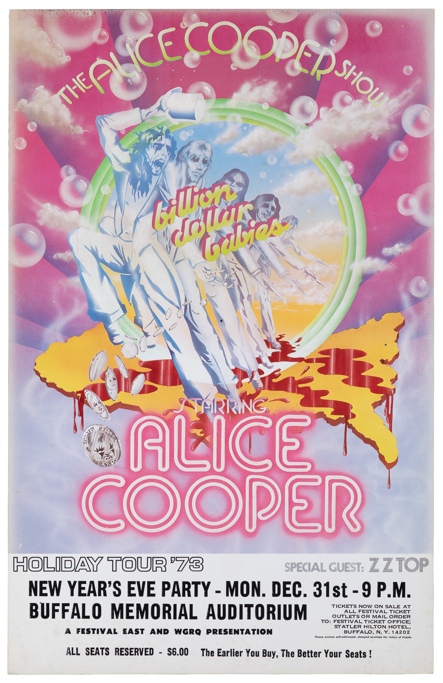 The Alice Cooper Show starring Alice Cooper / Special Guest ZZ Top. 1973.: The Alice Cooper Show "Billion Dollar Babies" starring Alice Cooper / Special Guest ZZ Top. 1973. Poster for Cooper's 1973 Holiday Tour, a New Year's Eve show at Buffalo Memorial Auditorium. Paper.