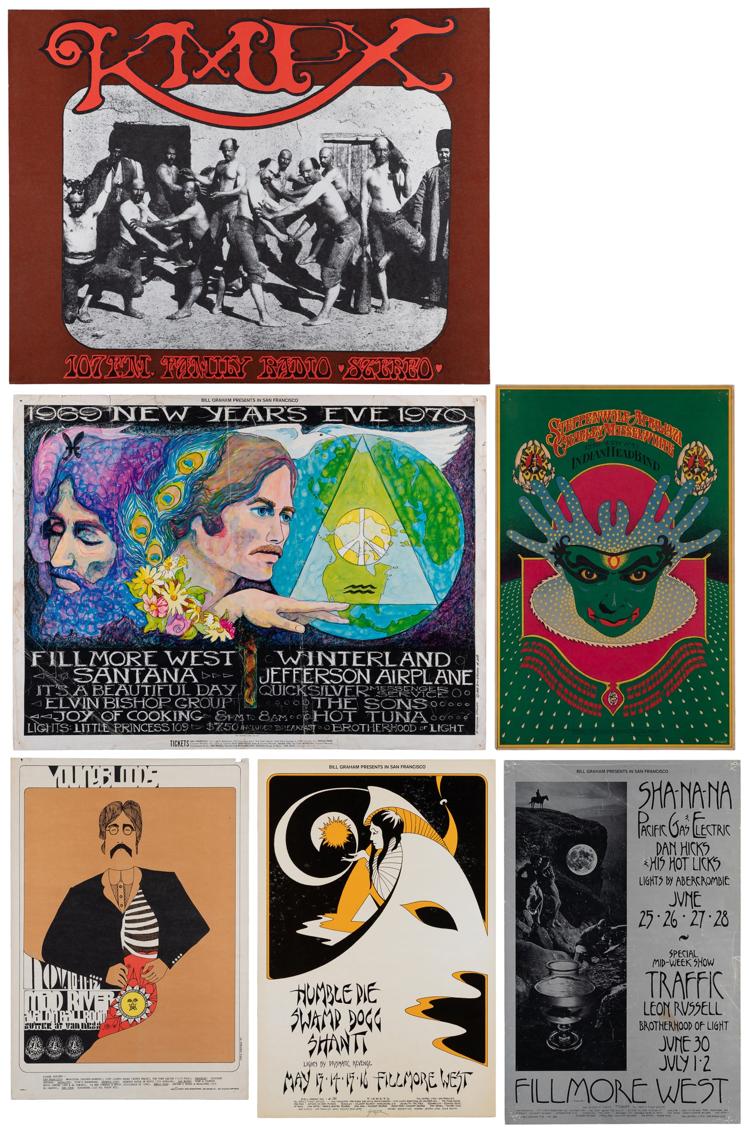 Six Bill Graham and Family Dog music / concert posters.: Six Bill Graham and Family Dog music / concert posters. Various designers including David Singer, Chris Johnson, B. Maclean Graham, and others. Including: FD-91. FD-115. BG-240. BG-280. BG-209. KMPX /