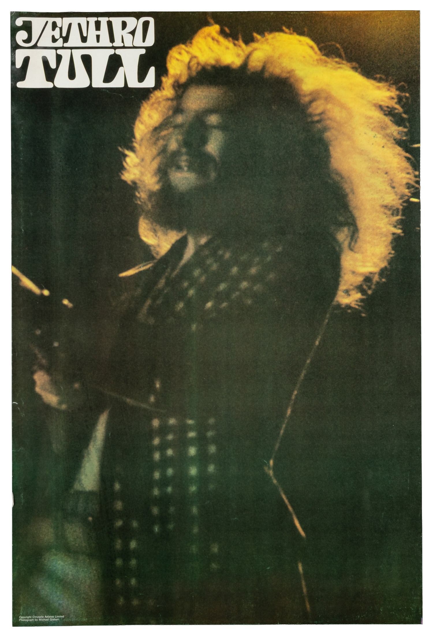 GRABEN, Michael. Jethro Tull. Chrysalis Artistes Limited, ca. 1960s.: GRABEN, Michael. Jethro Tull. Chrysalis Artistes Limited, ca. 1960s. Full-bleed poster depicting Jethro Tull in concert. Paper. 30 x 20".