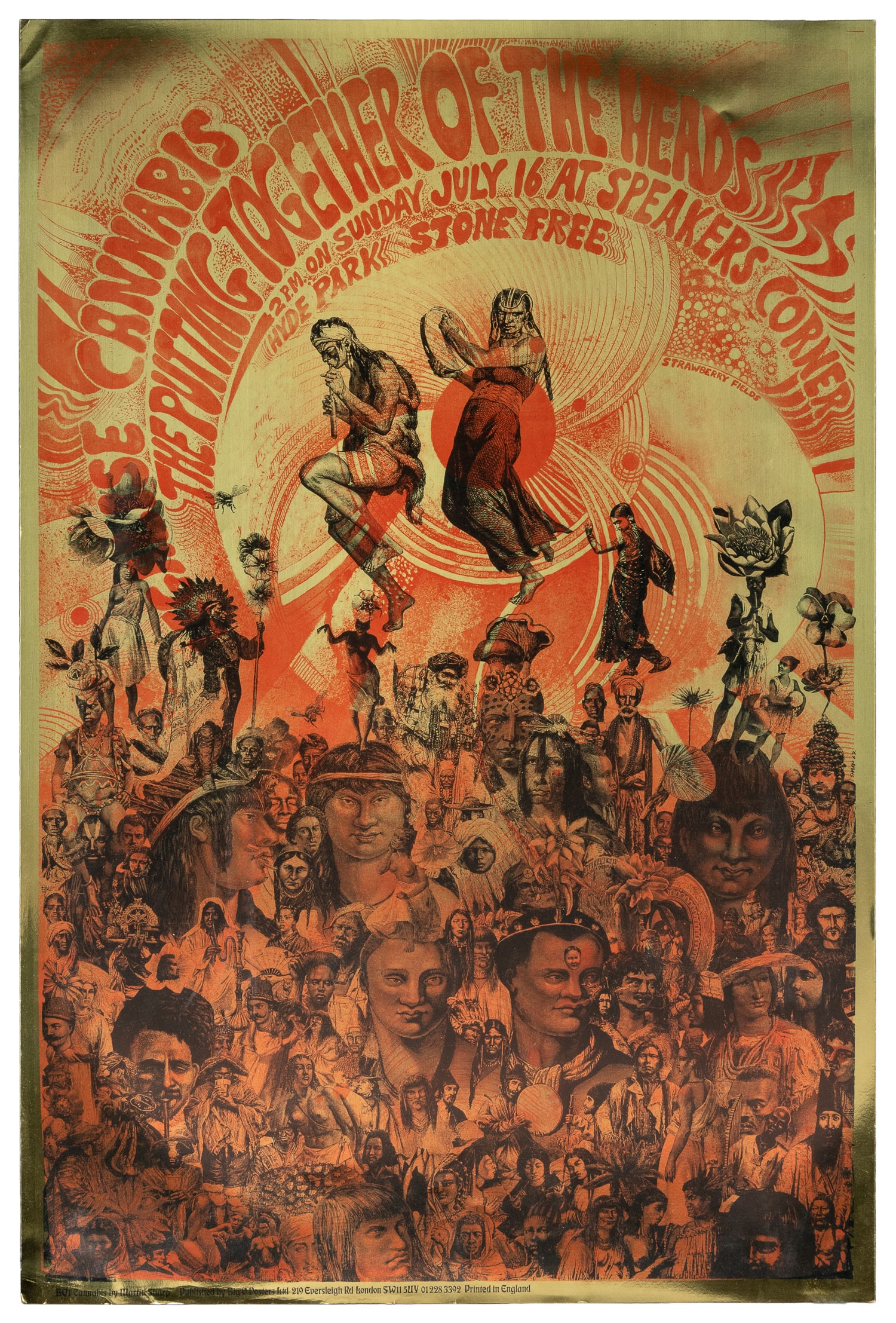SHARP, Martin (1942-2013). Legalize Cannabis / The Putting Together of the Heads (BOP1). 1967.: SHARP, Martin (1942-2013). Legalize Cannabis / The Putting Together of the Heads (BOP1). 1967. London: Big O Posters. Black and orange ink on gold foil created for the 1967 legalization rally held at 
