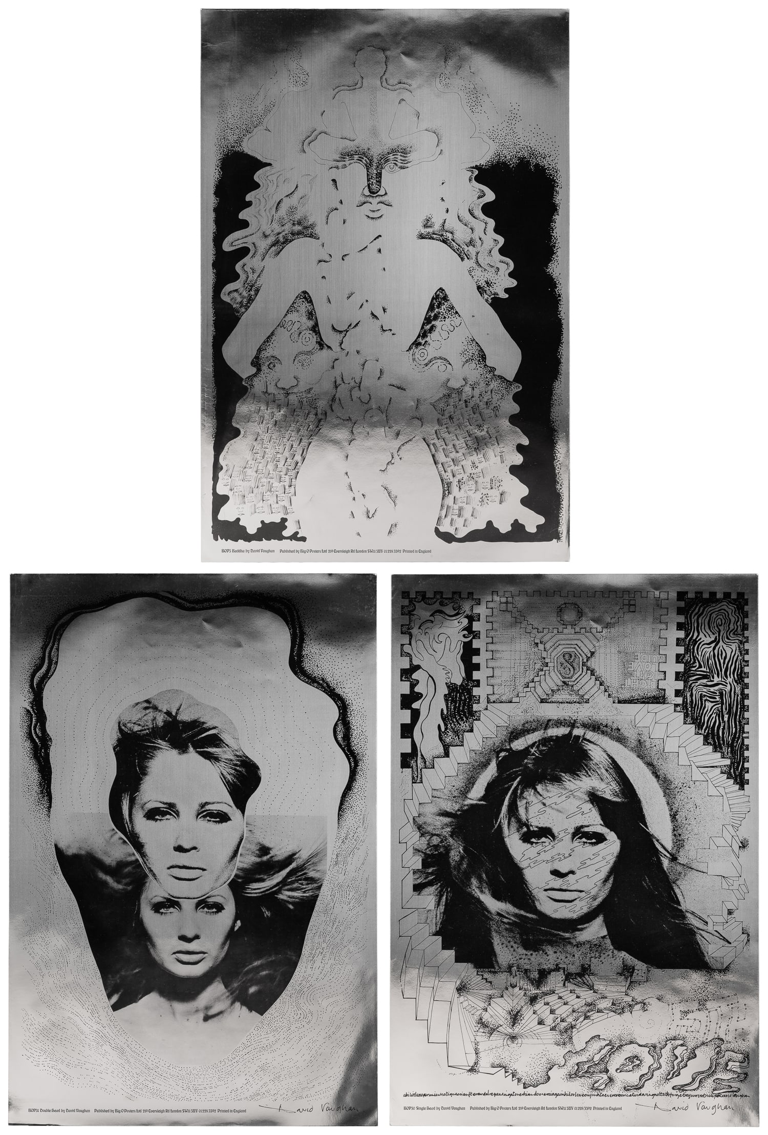 VAUGHAN, David (1944-2003). Trio of Big O Posters. London: Big O Posters, ca. 1960s.: VAUGHAN, David (1944-2003). Trio of Big O Posters. London: Big O Posters, ca. 1960s. Including "Buddha" (BOP5), "Single Head" (BOP30), and "Double Head" (BOP31). Black ink on silver foil. Big O