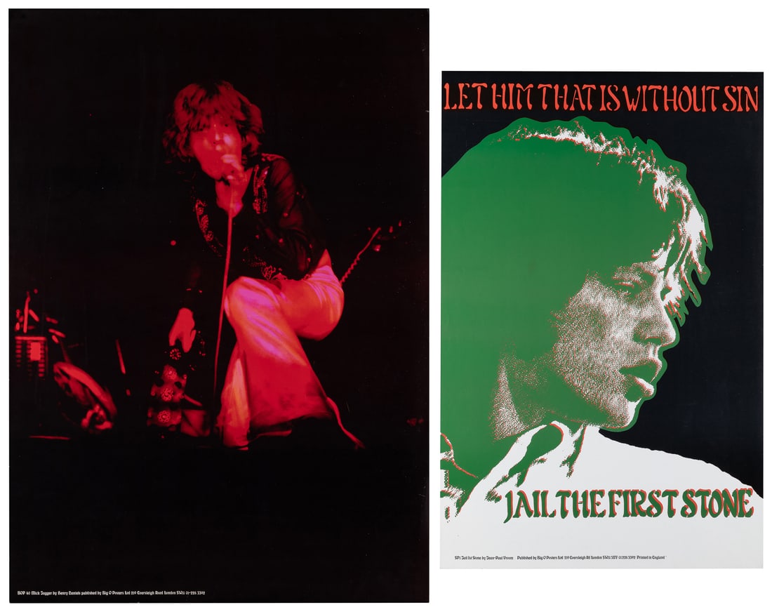 Pair of Mick Jagger Big O Posters. London: Big O Posters, circa 1960s.: Pair of Mick Jagger Big O Posters. London: Big O Posters, circa 1960s. Including: "Mick Jagger" by Henry Daniels (BOP40) and "Jail The First Stone" (SP1) by Jean-Paul Vroom. Big O posters was an off-s
