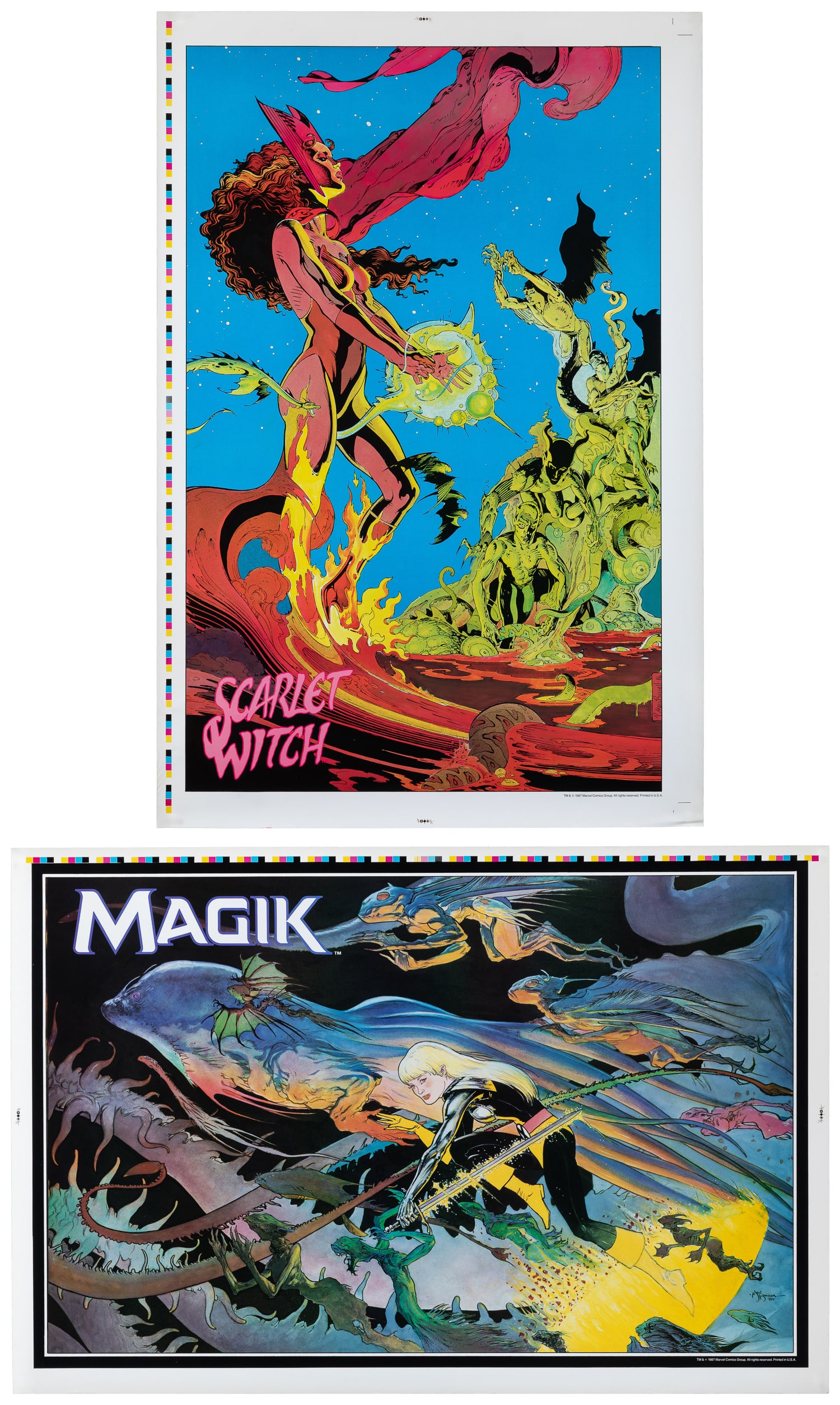 Magick and Scarlet Witch Untrimmed Marvel Comics Posters. 1987. USA: Marvel Comics Group.: Magick and Scarlet Witch Untrimmed Marvel Comics Posters. 1987. USA: Marvel Comics Group. Including Craig P. Russel's variant Scarlet Witch and Michael Kaluta's Magick. Paper. 34 x 22".