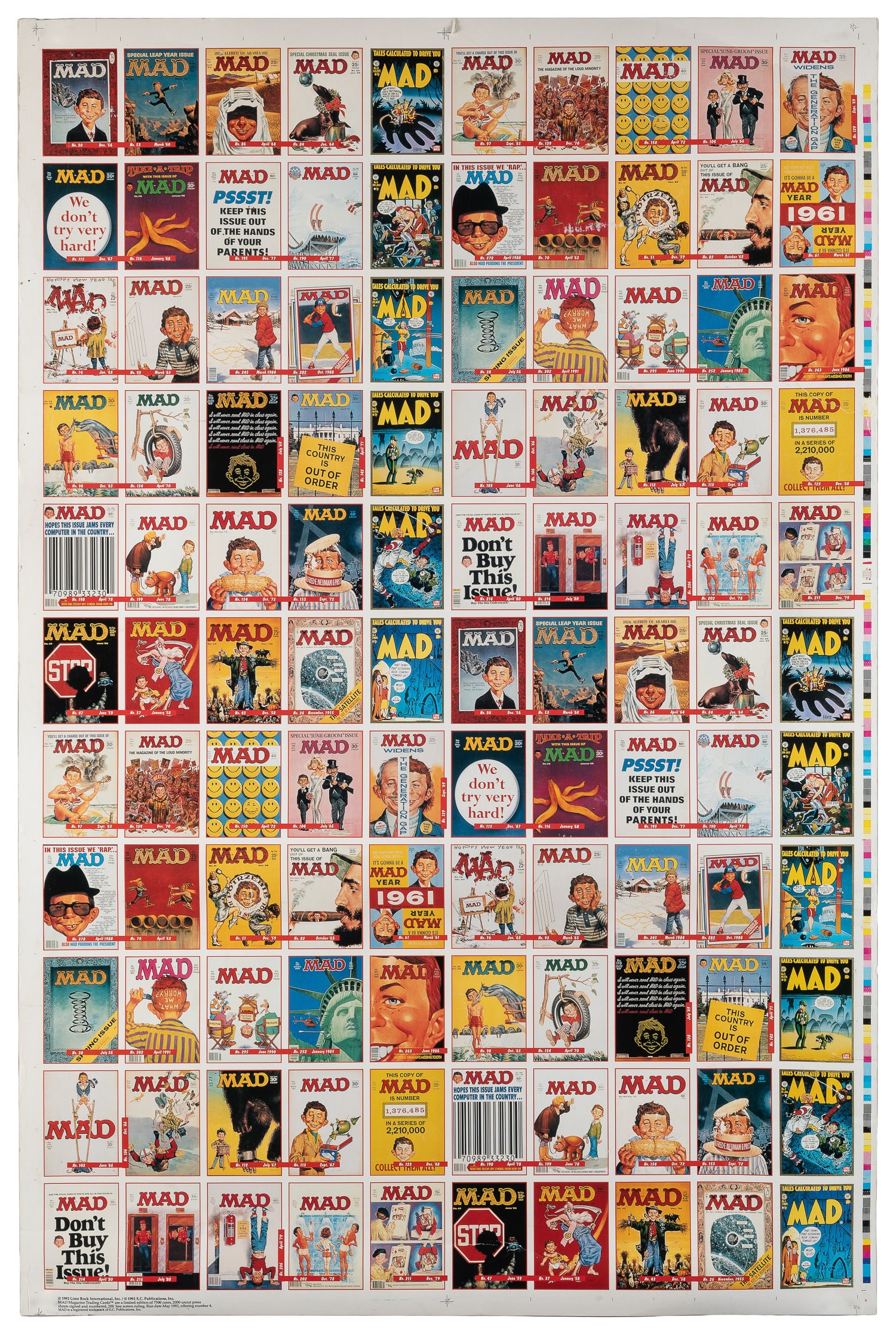 Mad Magazine Limited Edition Uncut Sheet Trading Cards. 1992. Lime Rock International.: Mad Magazine Limited Edition Uncut Sheet Trading Cards. 1992. Lime Rock International. Limited Edition uncut sheet of Mad Magazine trading cards Set 1, issued only to dealers. Cardstock. 39 3/4 x 29 1