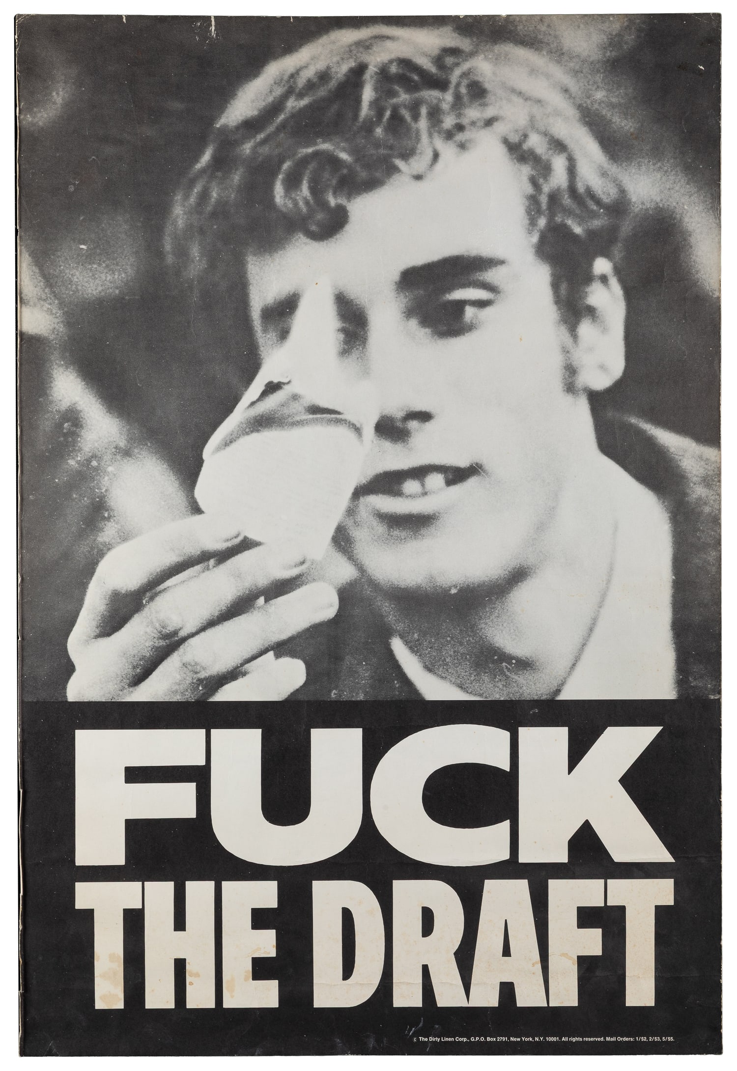 KUROMIYA, Kiyoshi (1943–2000). Fuck the Draft. New York: The Dirty Linen Corp., [1968].: KUROMIYA, Kiyoshi (1943–2000). Fuck the Draft. New York: The Dirty Linen Corp., [1968]. Photographic lithograph poster depicting a young man burning his draft card in a symbolic act of defiance.