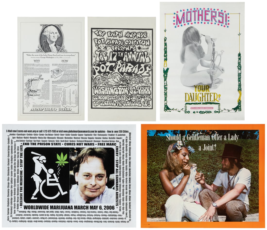 Group of 5 marijuana and legalization posters. Circa 1970-2006.: Group of 5 marijuana and legalization posters. Circa 1970-2006. Group of 5 weed and legalization posters. Including: DOYLE, Phillips ("Lemonado de Sica"). Mothers! Your Daughter? Congratulations. San 