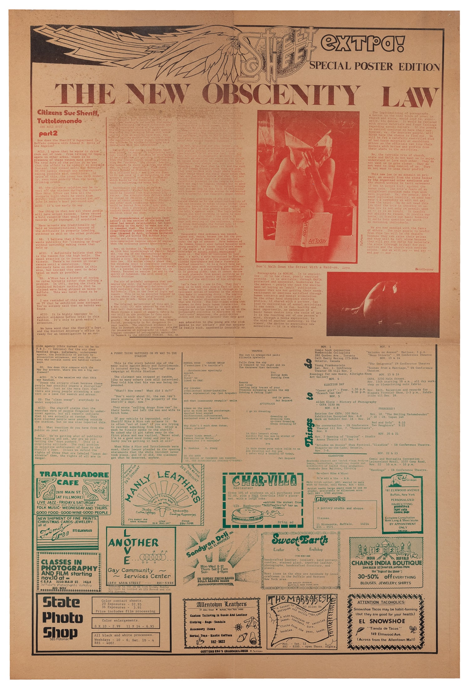 Street Sheet Extra Special Poster Edition / The New Obscenity Law. Circa 1975. Buffalo: Gutenberg's: Street Sheet Extra Special Poster Edition / The New Obscenity Law. Circa 1975. Buffalo: Gutenberg's Grandchildren. Special Poster Edition of the alternative newspaper "Street Sheet" from Buffalo, NY, 