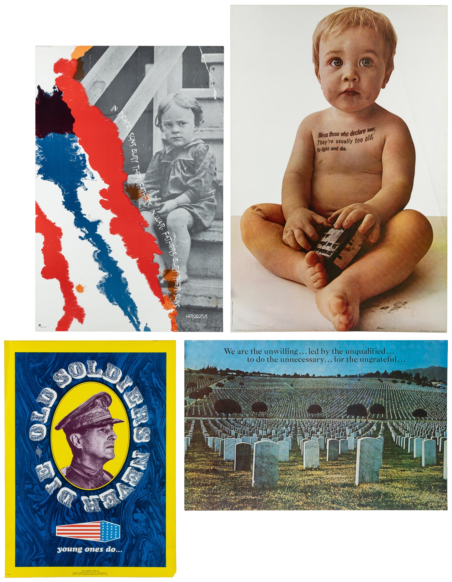Group of 4 anti-war posters. 1968-1972.: Group of 4 anti-war posters. 1968-1972. Including: ZABHONSKI/GRAFF. Bless those who declare war. They're usually too old to fight and die. 1970. New York: Personality Posters. Paper. 40 x 27". In Peac