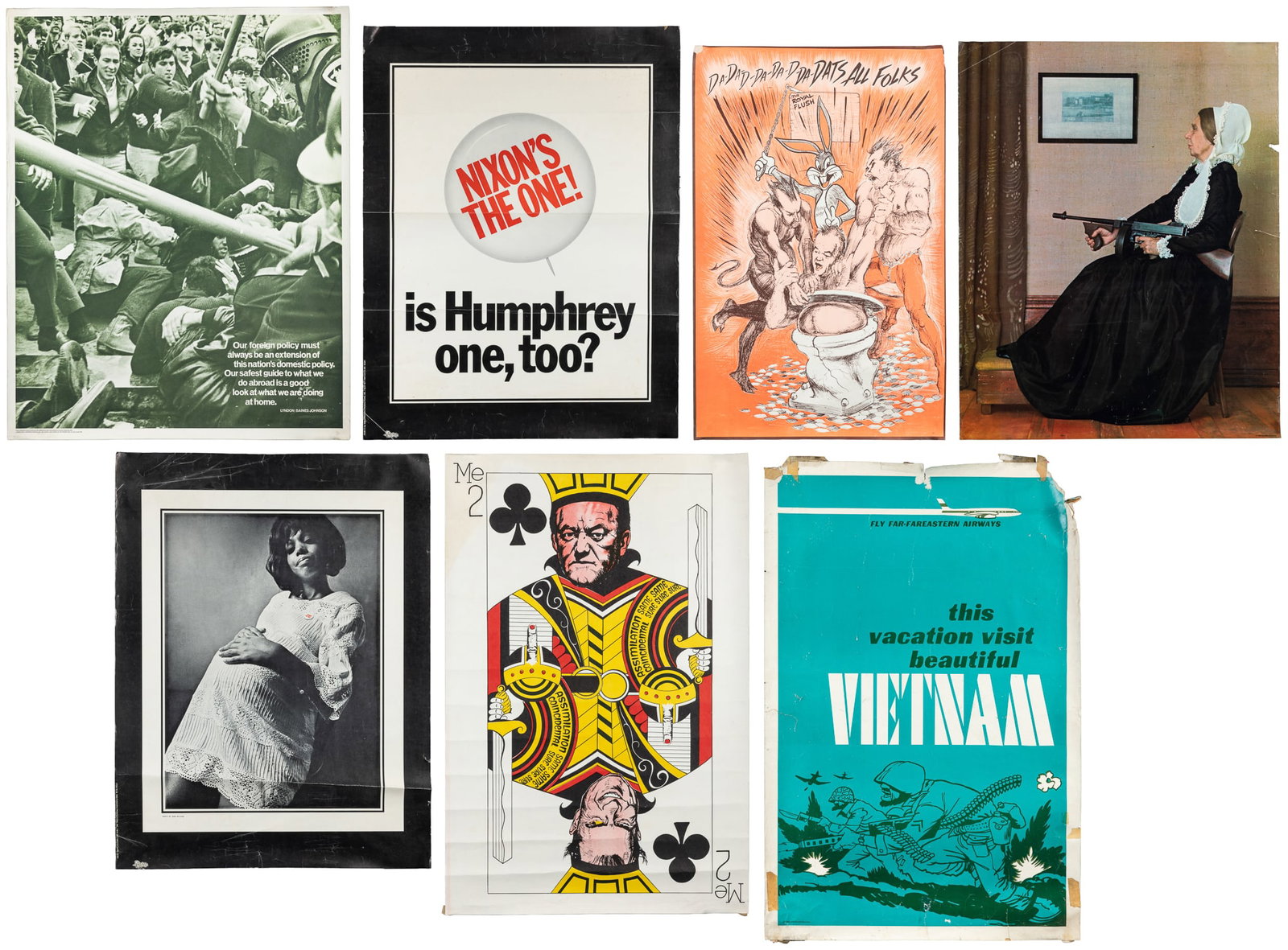 Group of 8 political protest and satire posters.: Group of 8 political protest and satire posters. American, late 1960s-70s. Including: Nixon's the One (two different); Whistler's Mother with Thompson (machine gun); Fly Fareast Airways / Visit Vietna