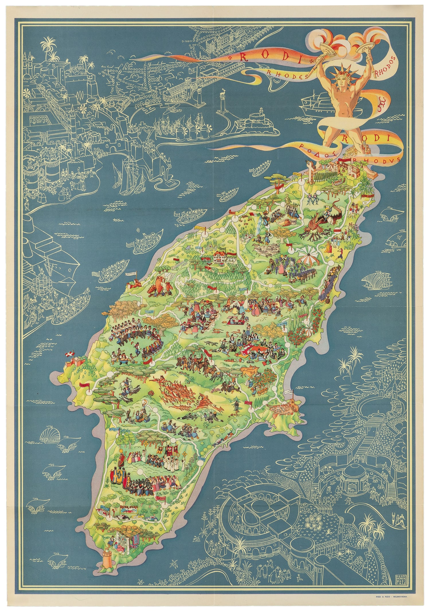 HUBER, Egon. Rhodes. 1935.: HUBER, Egon. Rhodes. 1935. Milan/Rome: Pizzi & Pizio, for ENIT (International State Tourist Department). Folding tourist map of the island in Greece, with printing on both sides. Italian language edit