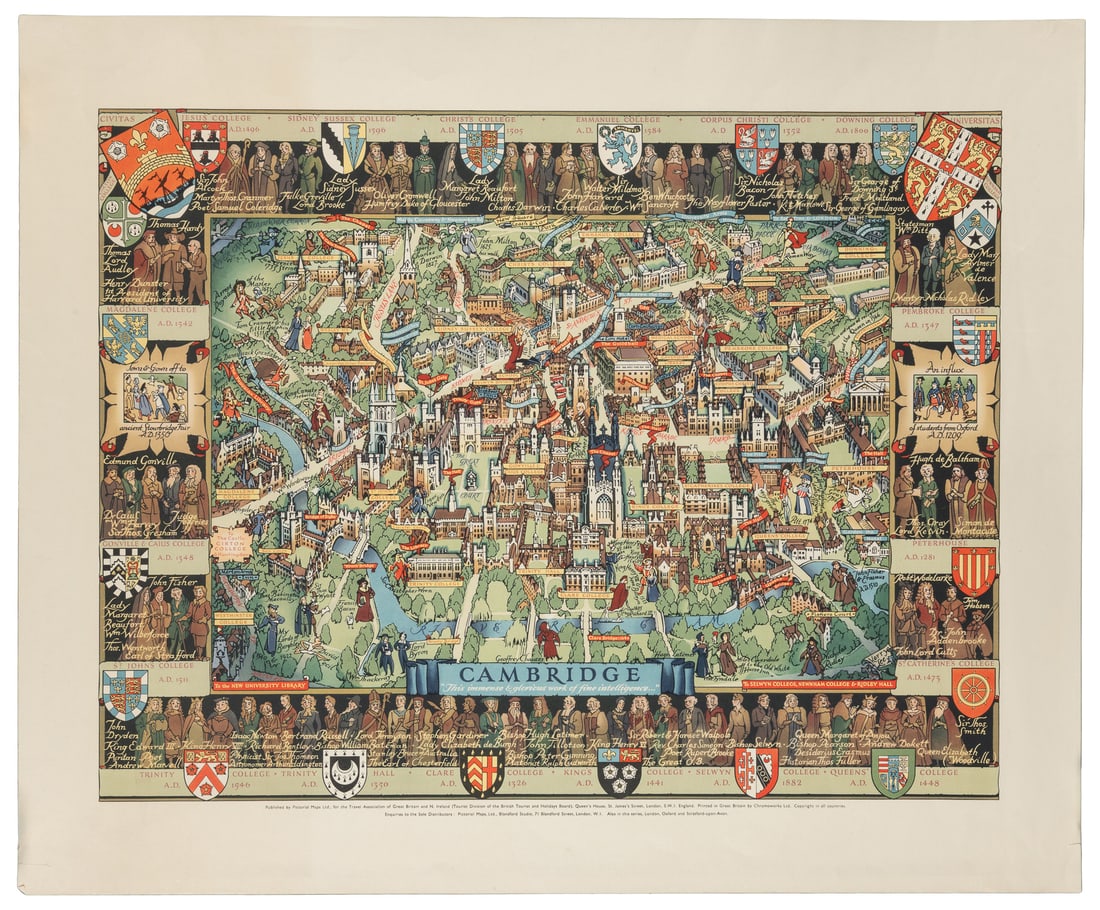 LEE, Kerry (1902 - 1988). Cambridge. 1948.: LEE, Kerry (1902 - 1988). Cambridge. 1948. [London]: Chromoworks, Ltd., published by Pictorial Maps, Ltd., for the Travel Association of Great Britain and N. Ireland. Color lithograph pictorial map of