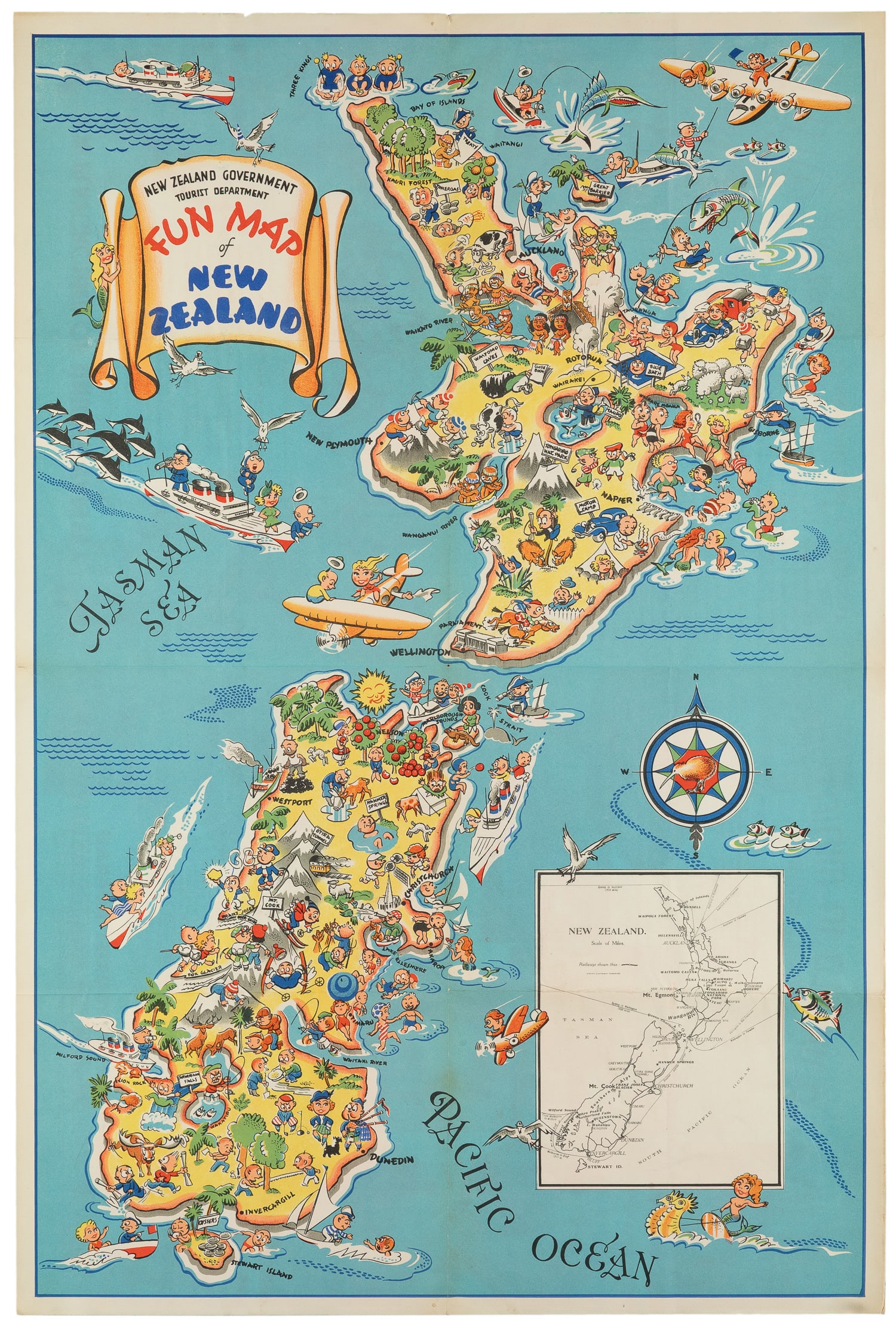 Fun Map of New Zealand.: Fun Map of New Zealand. Wellington, ca. 1940. Pictorial map of New Zealand, designed by the Charles Haines Advertising Agency of Wellington, and published by the New Zealand Government Tourist Departm
